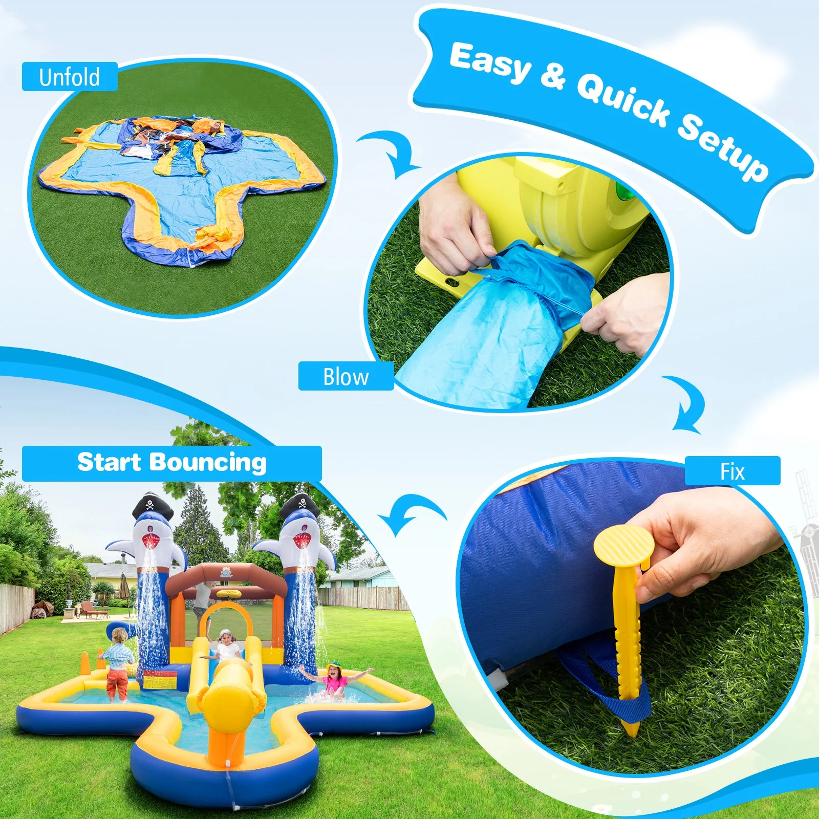 7-In-1 Water Slide Park with Splash Pool and Water Cannon with 680W Blower - Image 7