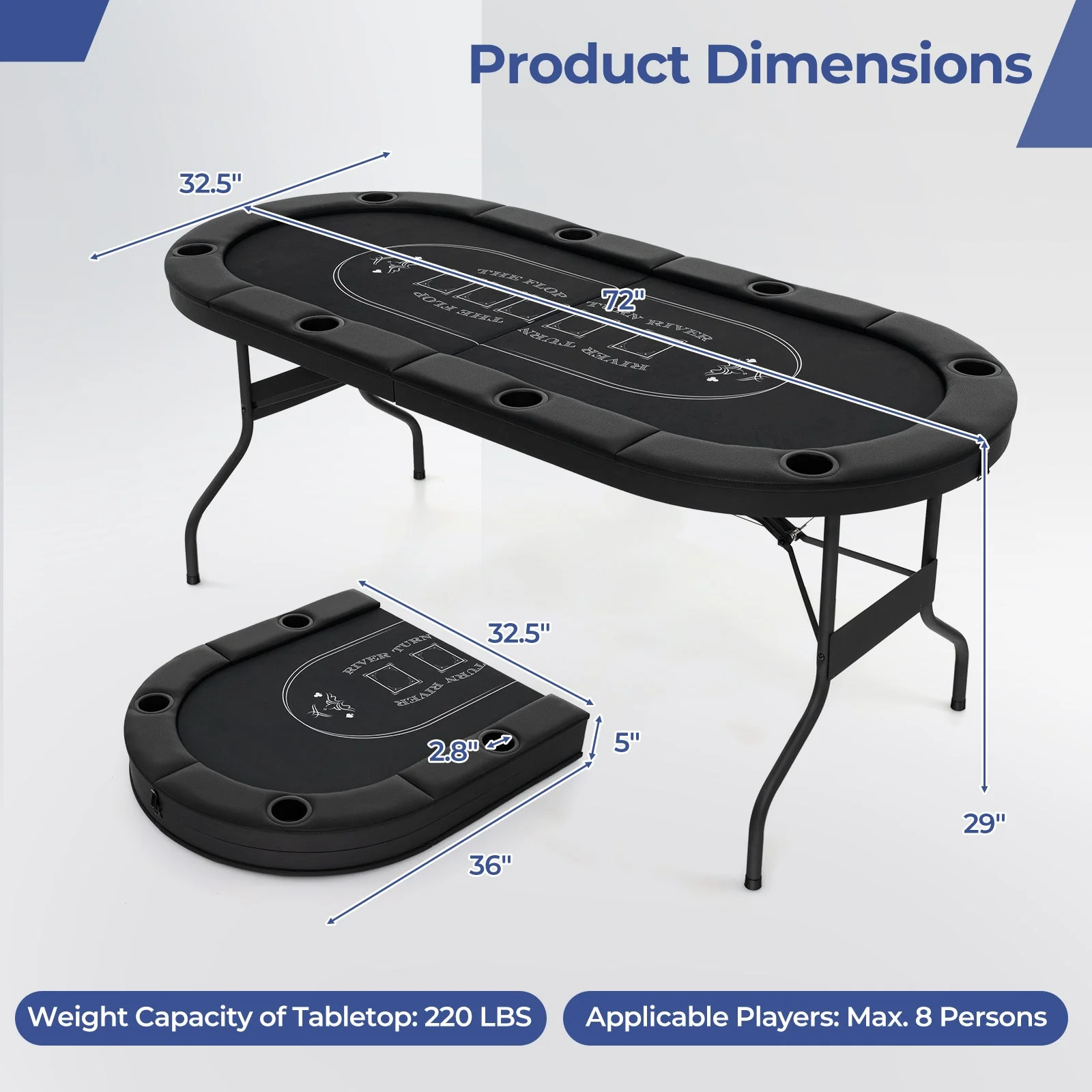 72 Inch Foldable Poker Table for 8 Players Portable Oval Card Board Game Table-Black - Image 5