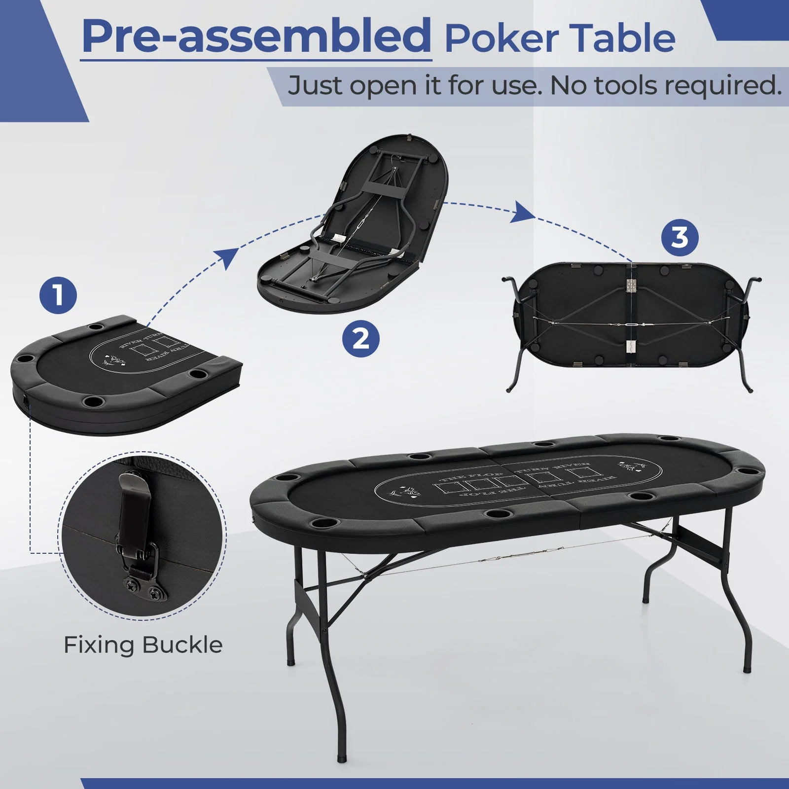 72 Inch Foldable Poker Table for 8 Players Portable Oval Card Board Game Table-Black - Image 6