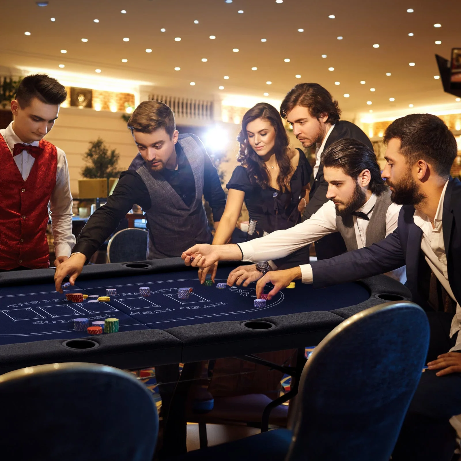 72 Inch Foldable Poker Table for 8 Players Portable Oval Card Board Game Table-Blue - Image 2