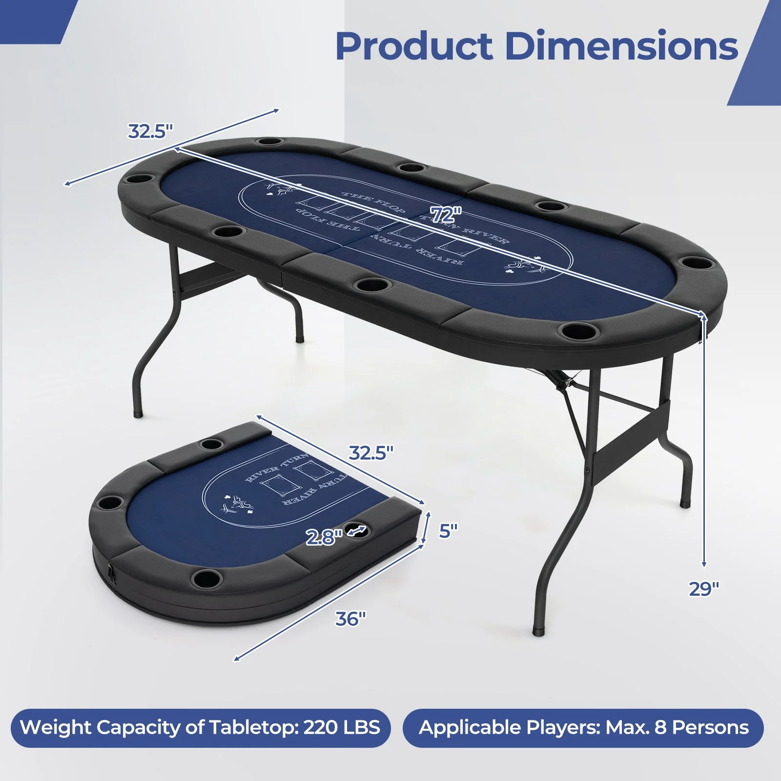 72 Inch Foldable Poker Table for 8 Players Portable Oval Card Board Game Table-Blue - Image 5