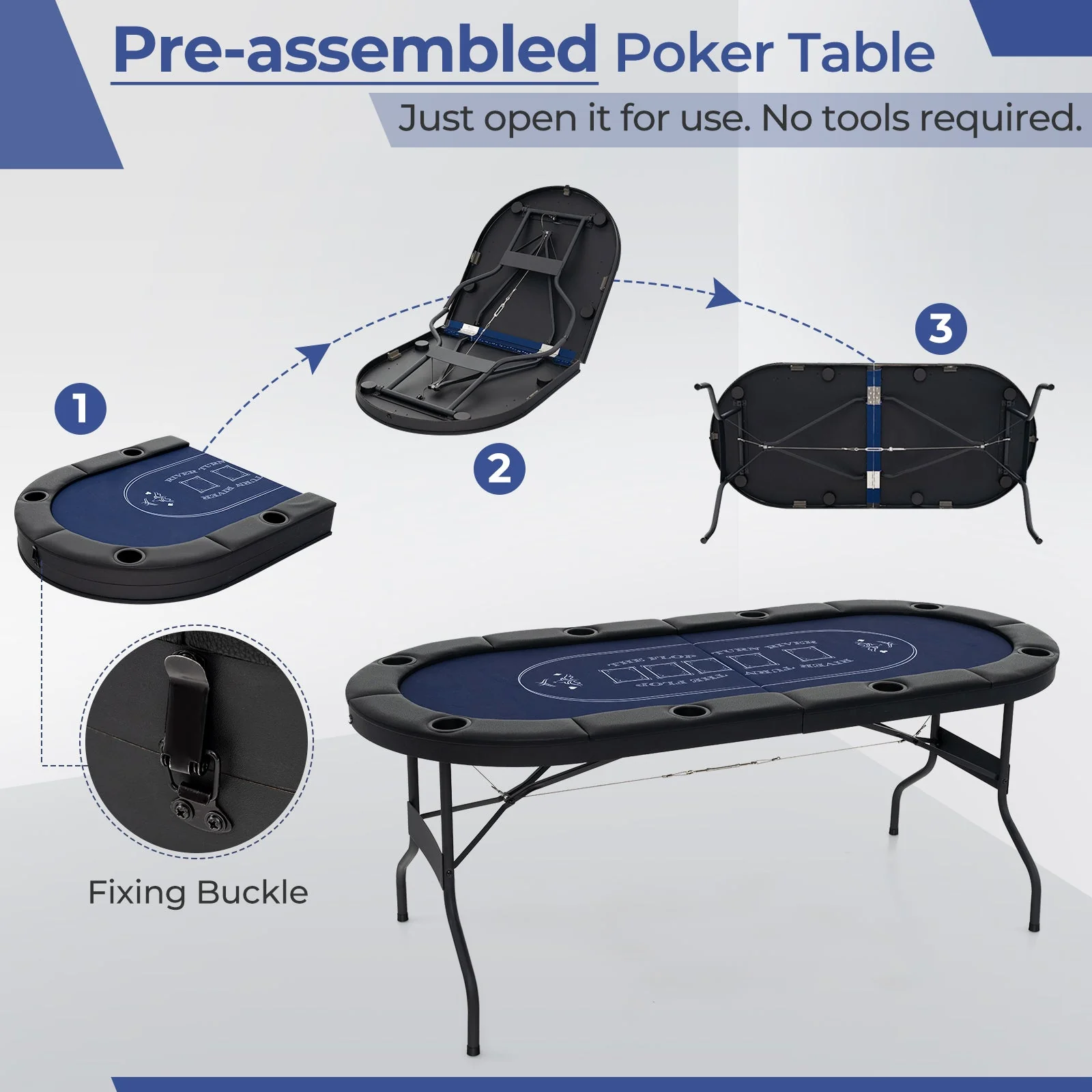 72 Inch Foldable Poker Table for 8 Players Portable Oval Card Board Game Table-Blue - Image 6