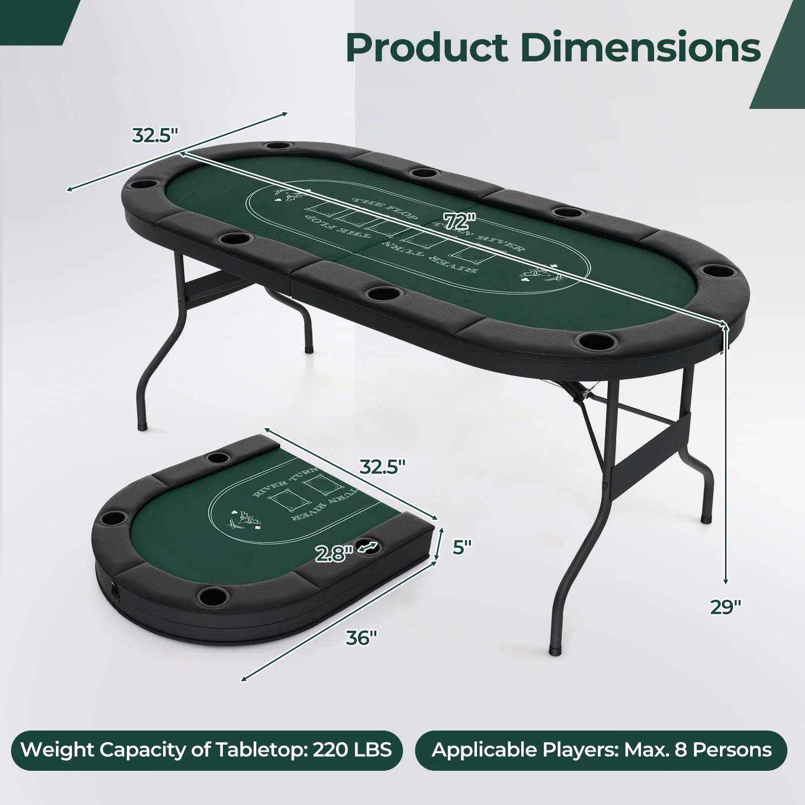 72 Inch Foldable Poker Table for 8 Players Portable Oval Card Board Game Table-Green - Image 5