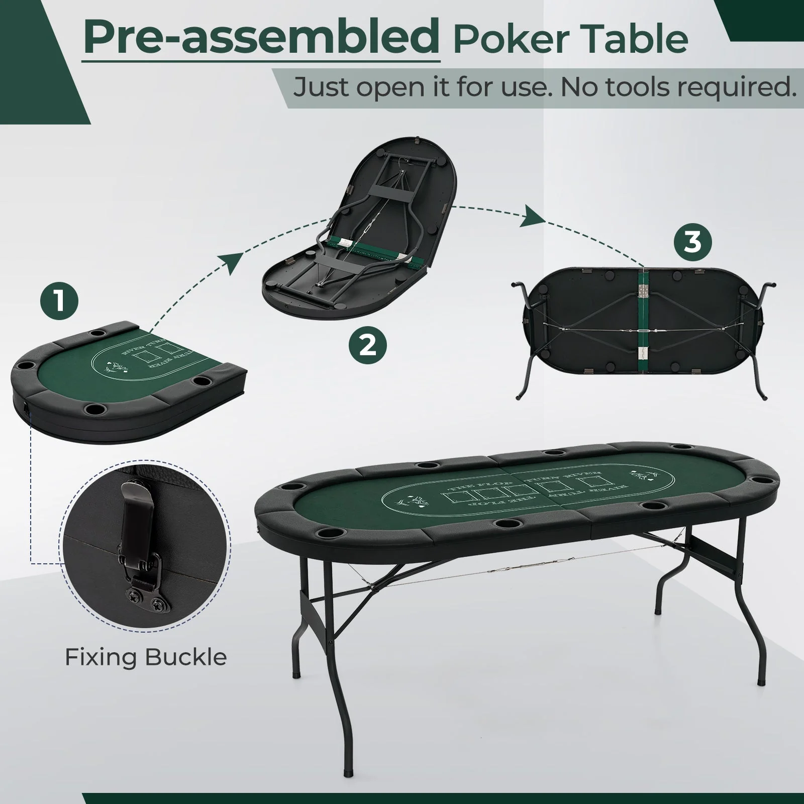 72 Inch Foldable Poker Table for 8 Players Portable Oval Card Board Game Table-Green - Image 6