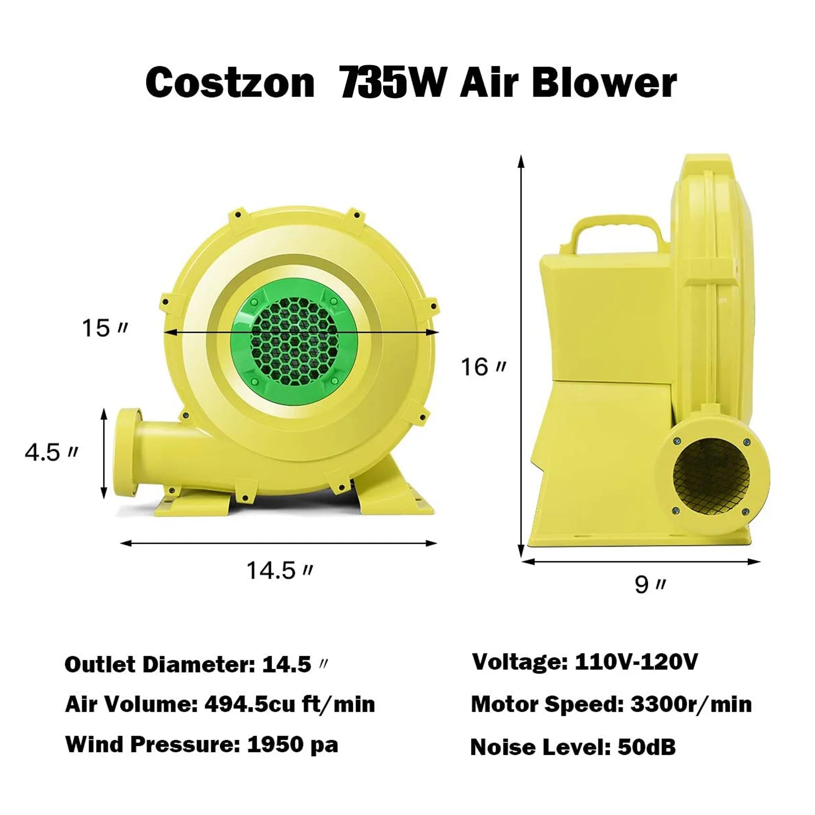 735 W 1.0 HP Air Blower Pump Fan for Inflatable Bounce House - Image 3