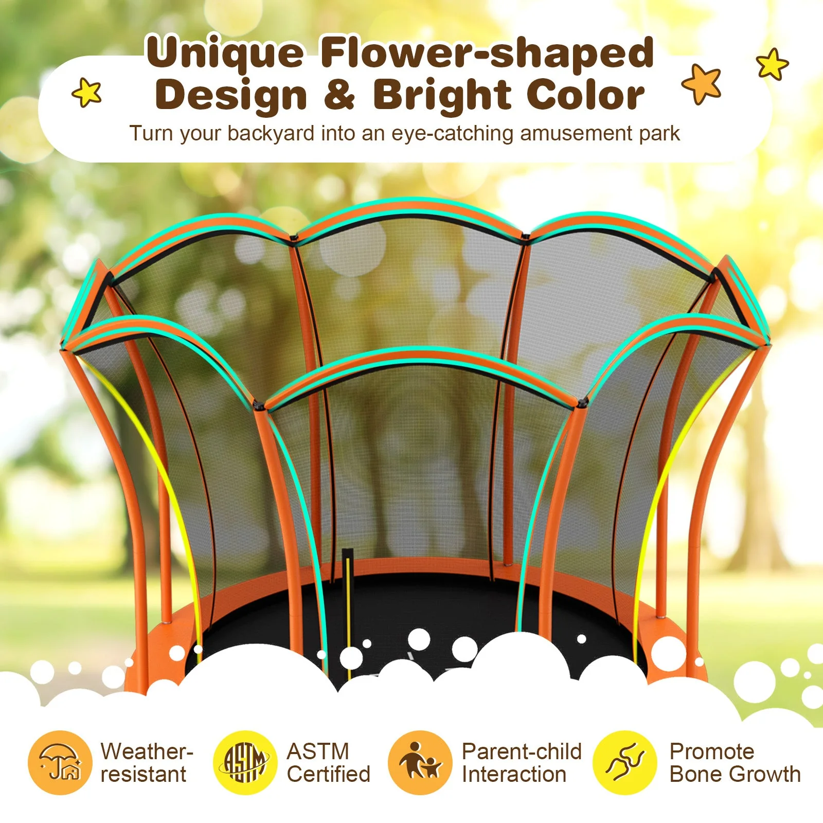 8 Feet Outdoor Unique Flower Shape Trampoline with Enclosure Net-Orange - Image 5