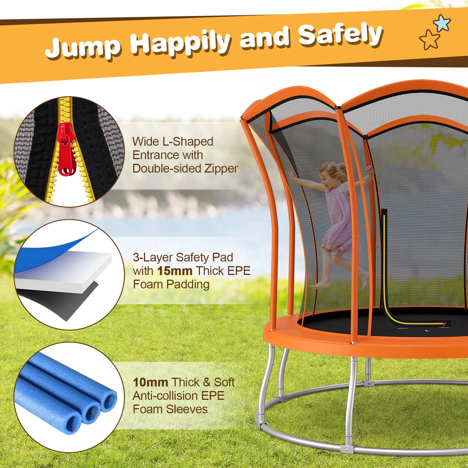 8 Feet Outdoor Unique Flower Shape Trampoline with Enclosure Net-Orange - Image 7