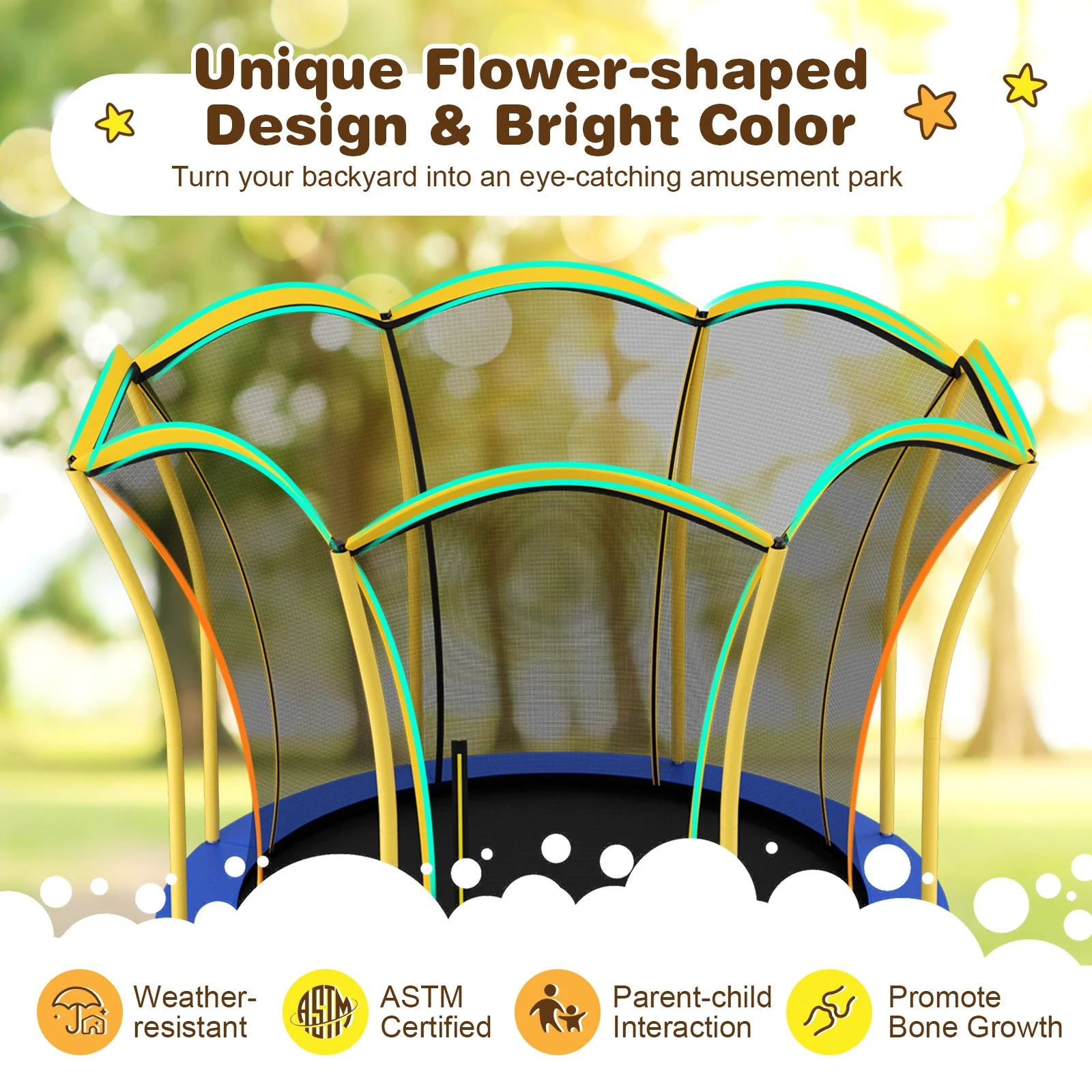 8 Feet Outdoor Unique Flower Shape Trampoline with Enclosure Net-Yellow - Image 5