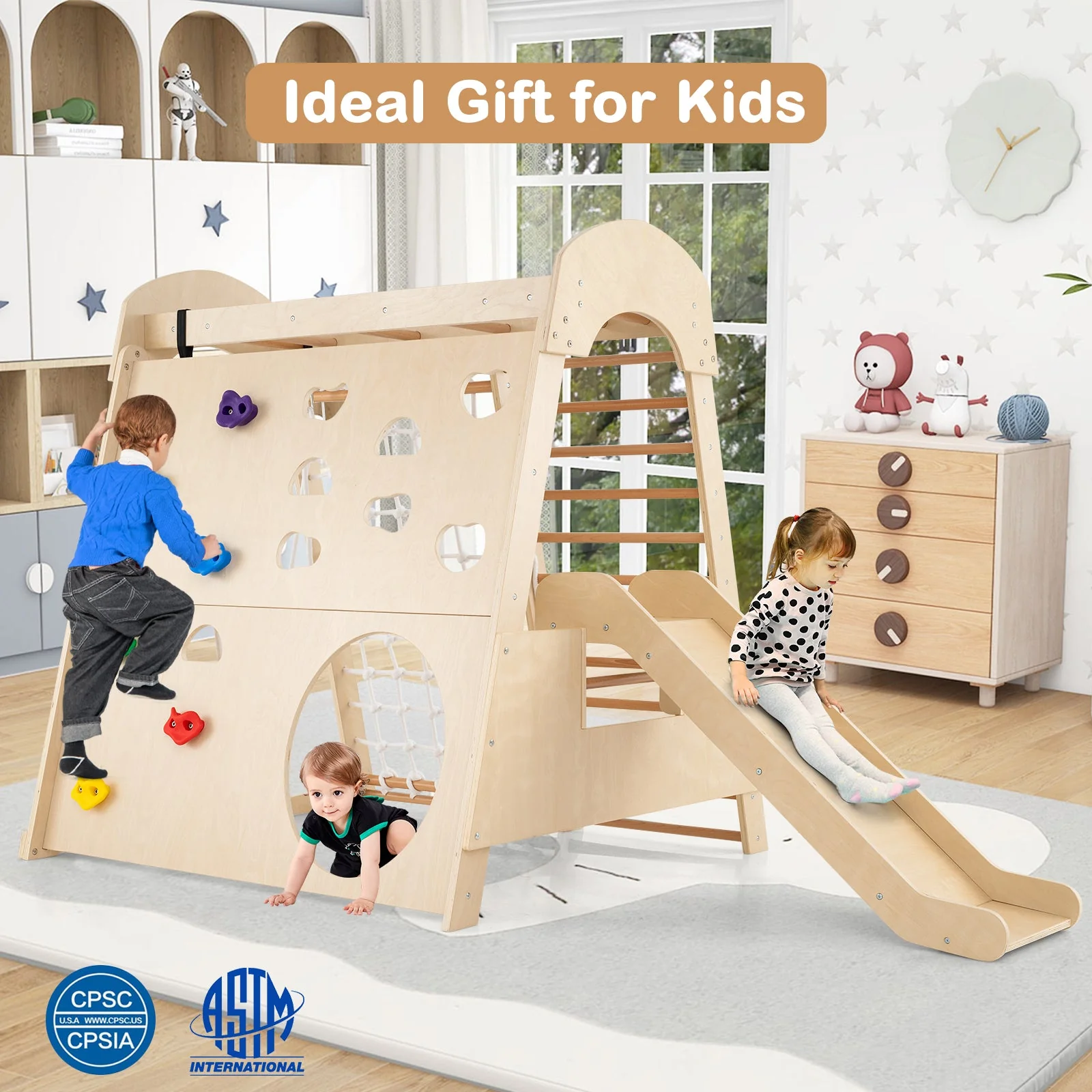 8-in-1 Indoor Jungle Gym Wooden Playground with Swing and Climbing Wall-Natural - Image 2
