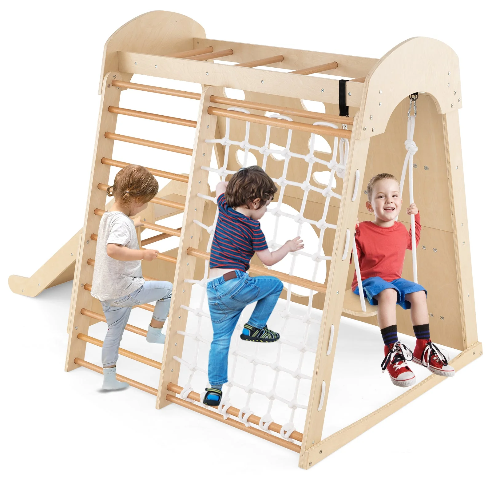 8-in-1 Indoor Jungle Gym Wooden Playground with Swing and Climbing Wall-Natural - Image 4