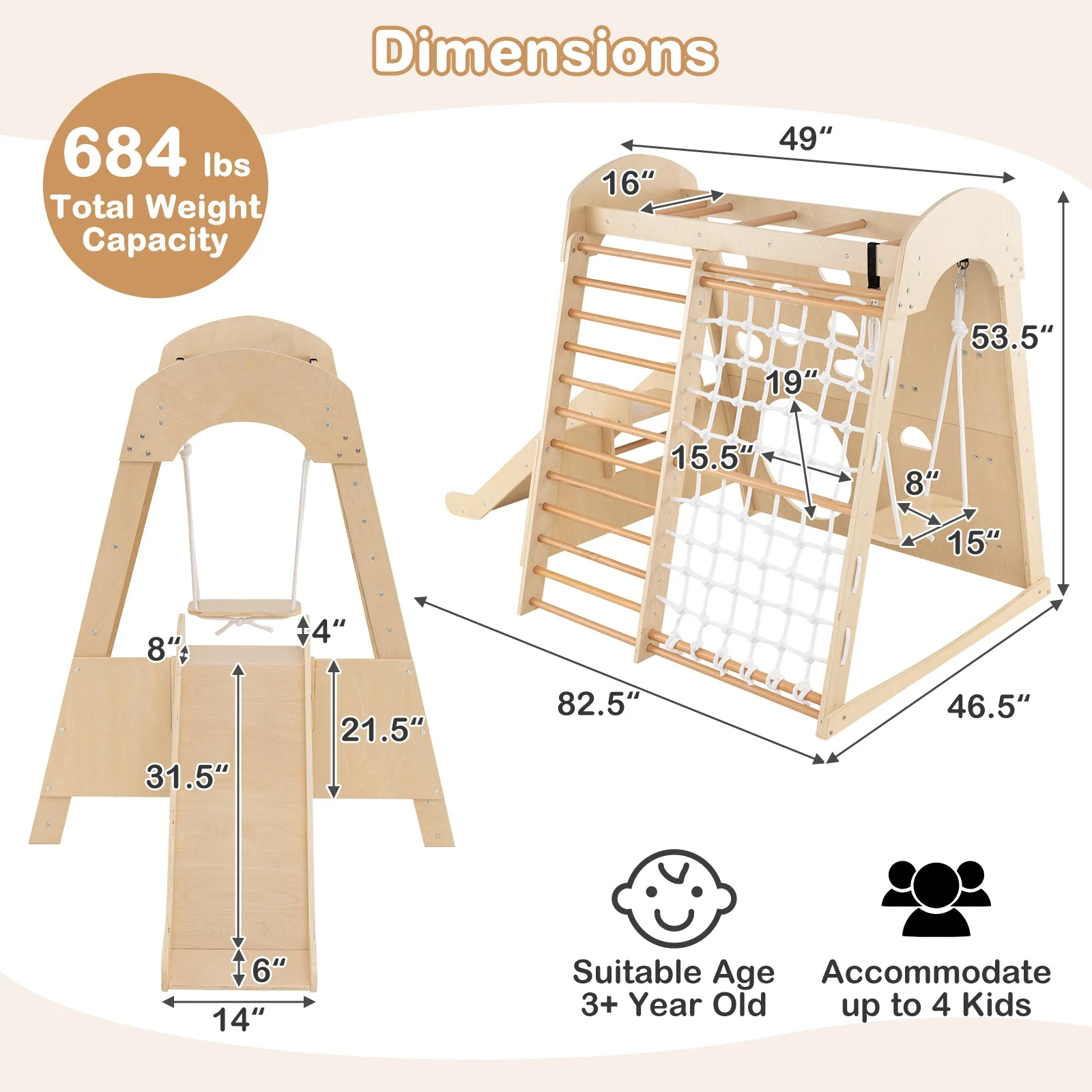 8-in-1 Indoor Jungle Gym Wooden Playground with Swing and Climbing Wall-Natural - Image 5