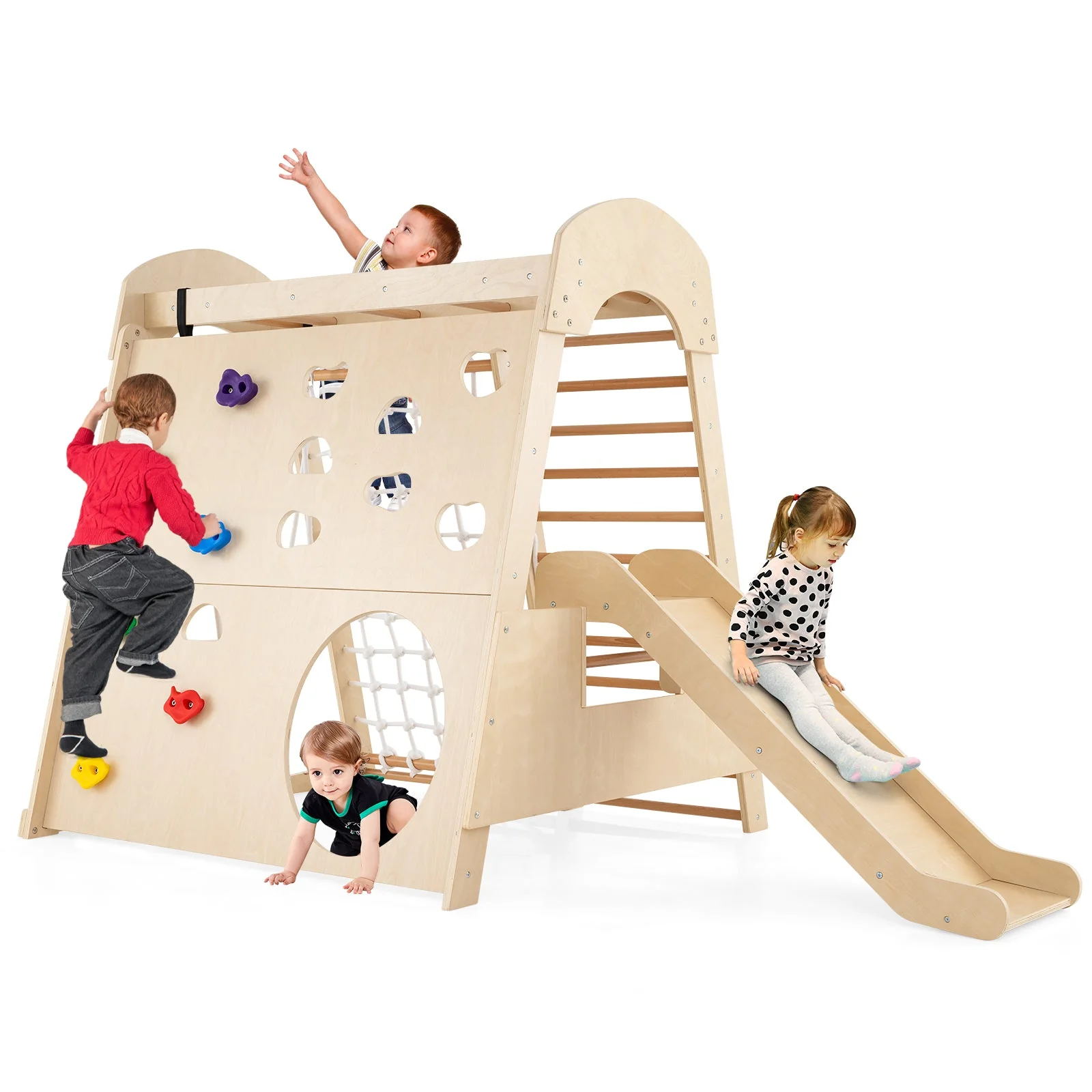 8-in-1 Indoor Jungle Gym Wooden Playground with Swing and Climbing Wall-Natural - Image 6