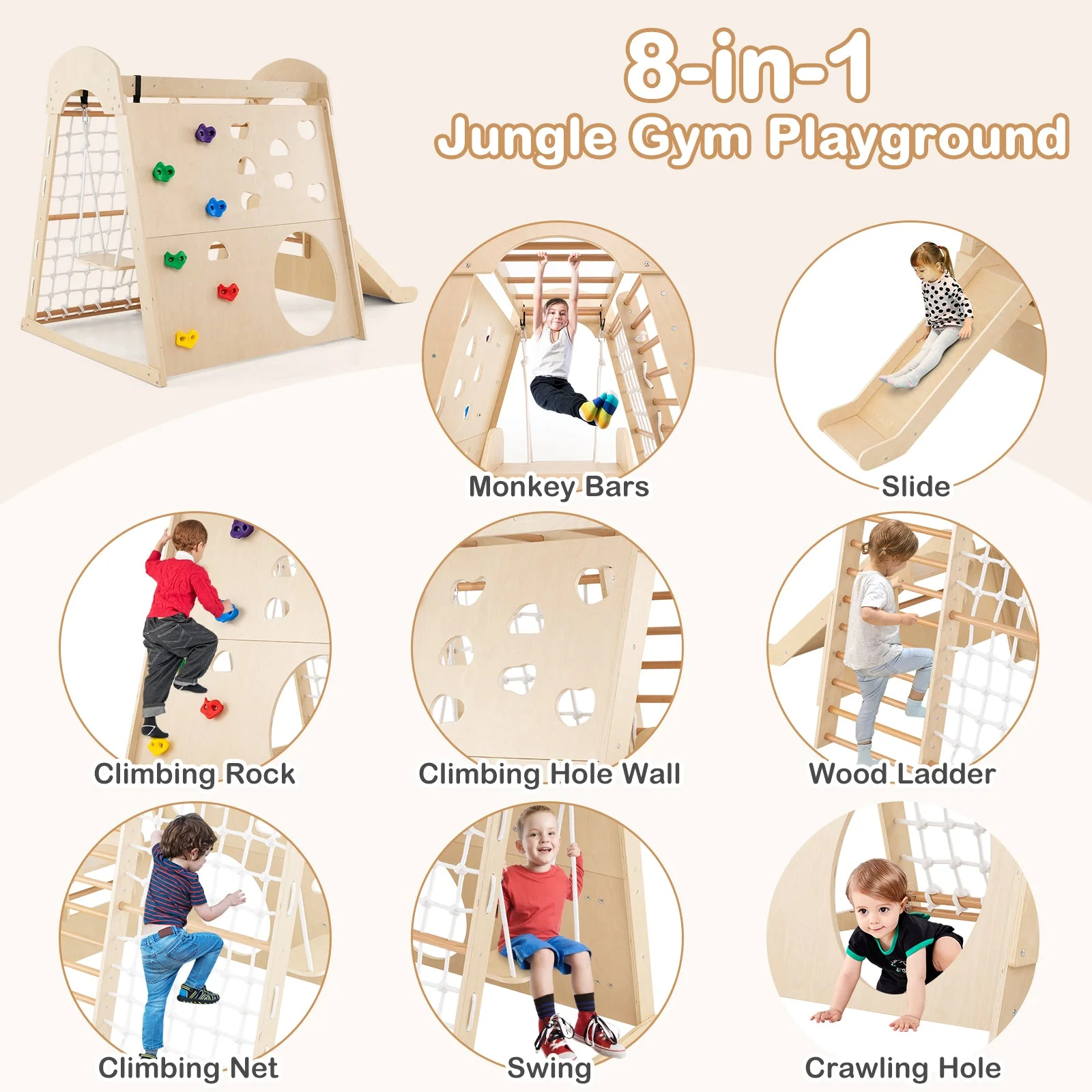 8-in-1 Indoor Jungle Gym Wooden Playground with Swing and Climbing Wall-Natural - Image 7