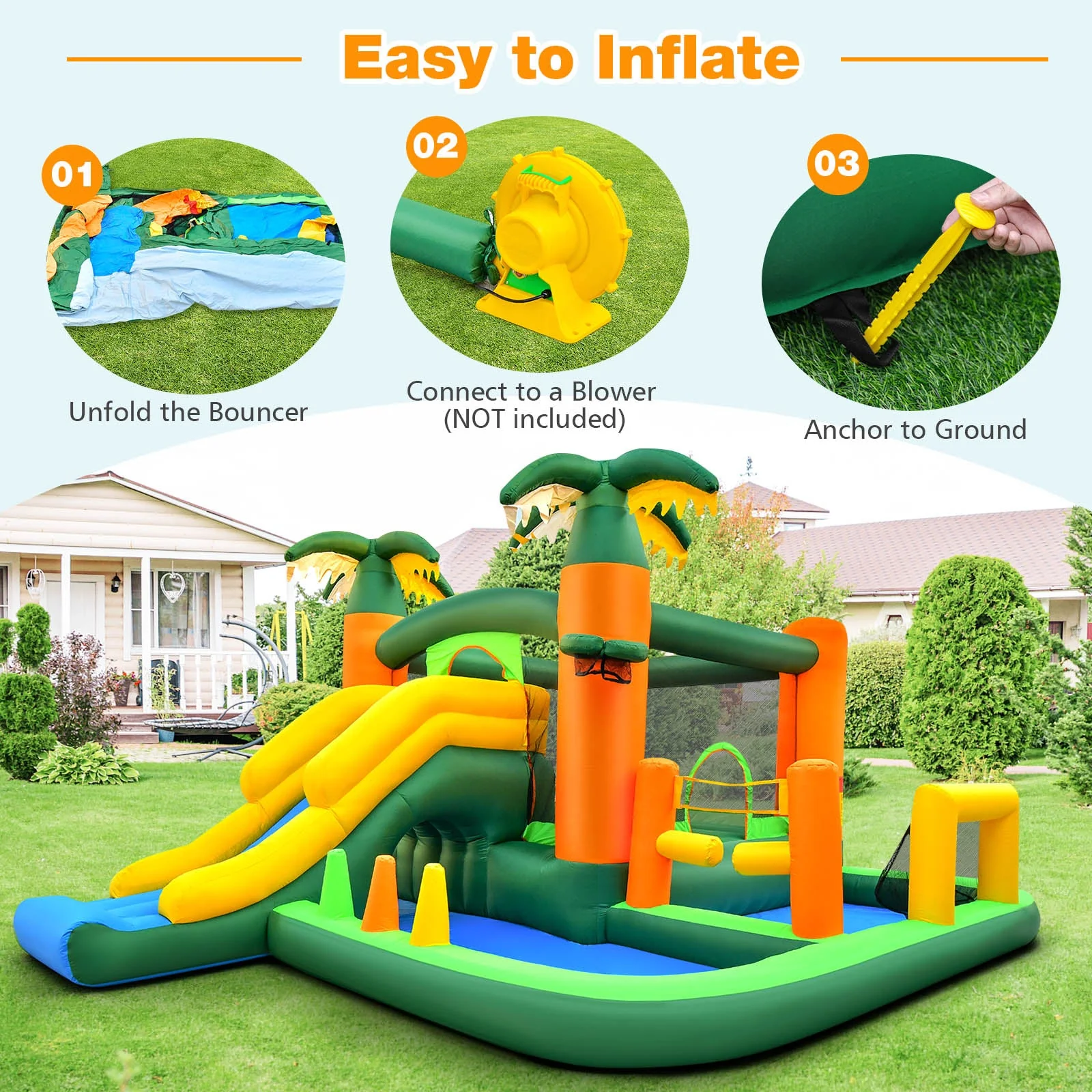 8-in-1 Tropical Inflatable Bounce Castle with 2 Ball Pits Slide and Tunnel Without Blower - Image 5
