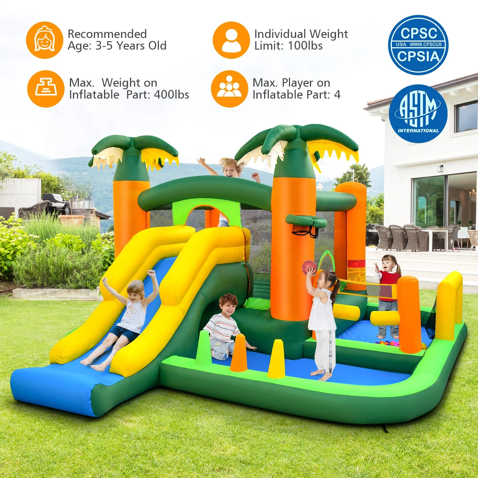 8-in-1 Tropical Inflatable Bounce Castle with 2 Ball Pits Slide and Tunnel Without Blower - Image 6