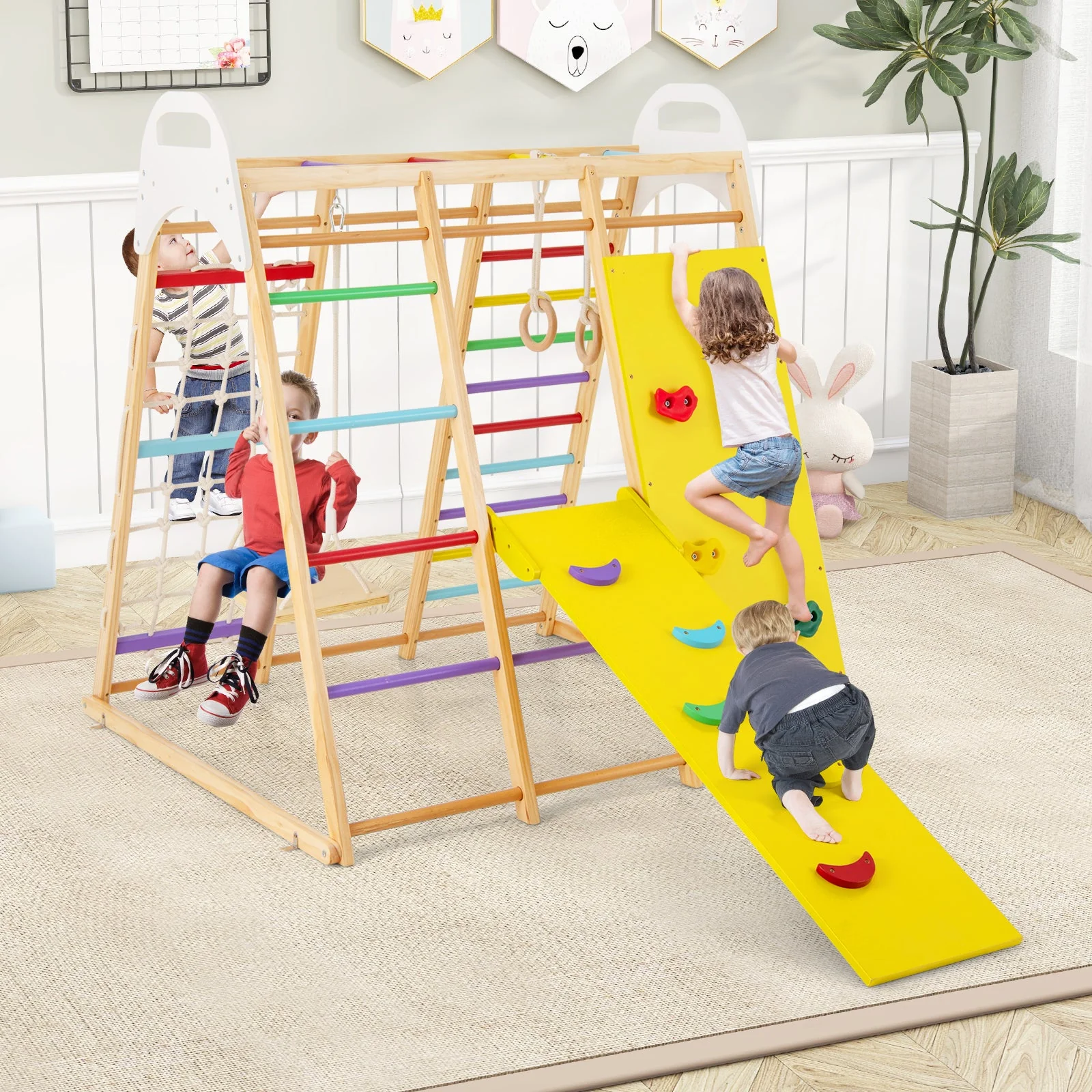 8-in-1 Wooden Jungle Gym Playset with Slide and Monkey Bars-Multicolor - Image 2