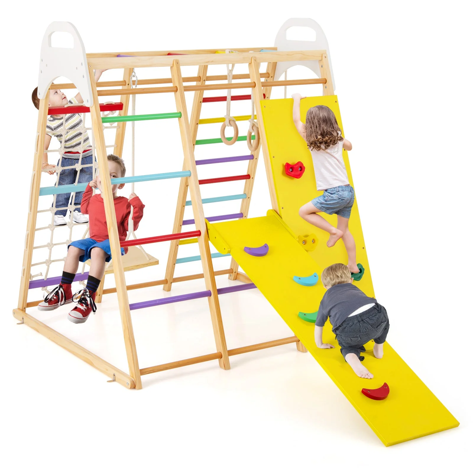 8-in-1 Wooden Jungle Gym Playset with Slide and Monkey Bars-Multicolor - Image 3