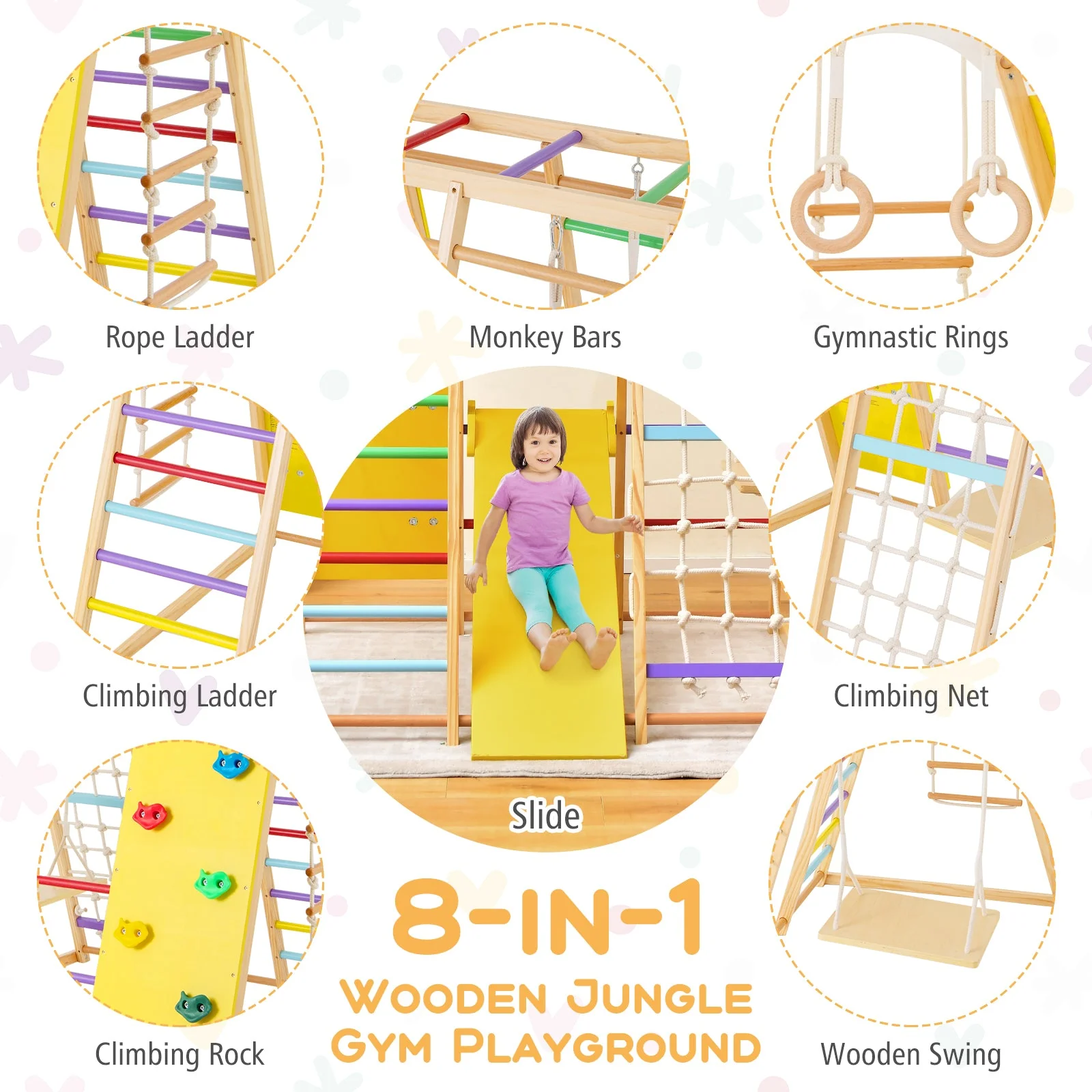 8-in-1 Wooden Jungle Gym Playset with Slide and Monkey Bars-Multicolor - Image 6