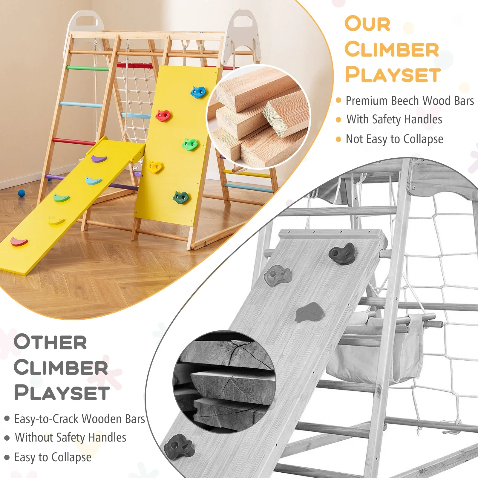 8-in-1 Wooden Jungle Gym Playset with Slide and Monkey Bars-Multicolor - Image 8