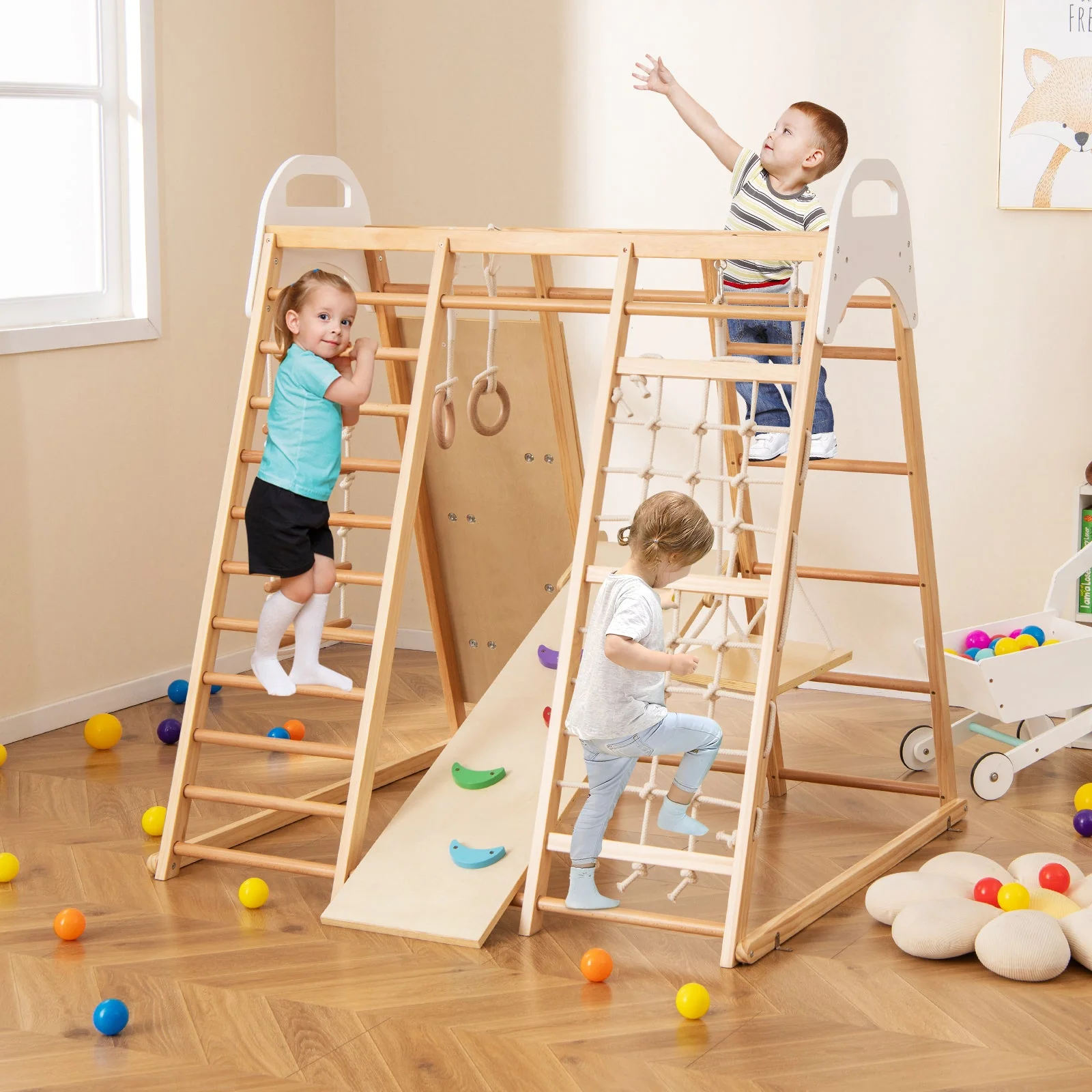 8-in-1 Wooden Jungle Gym Playset with Slide and Monkey Bars-Natural - Image 2