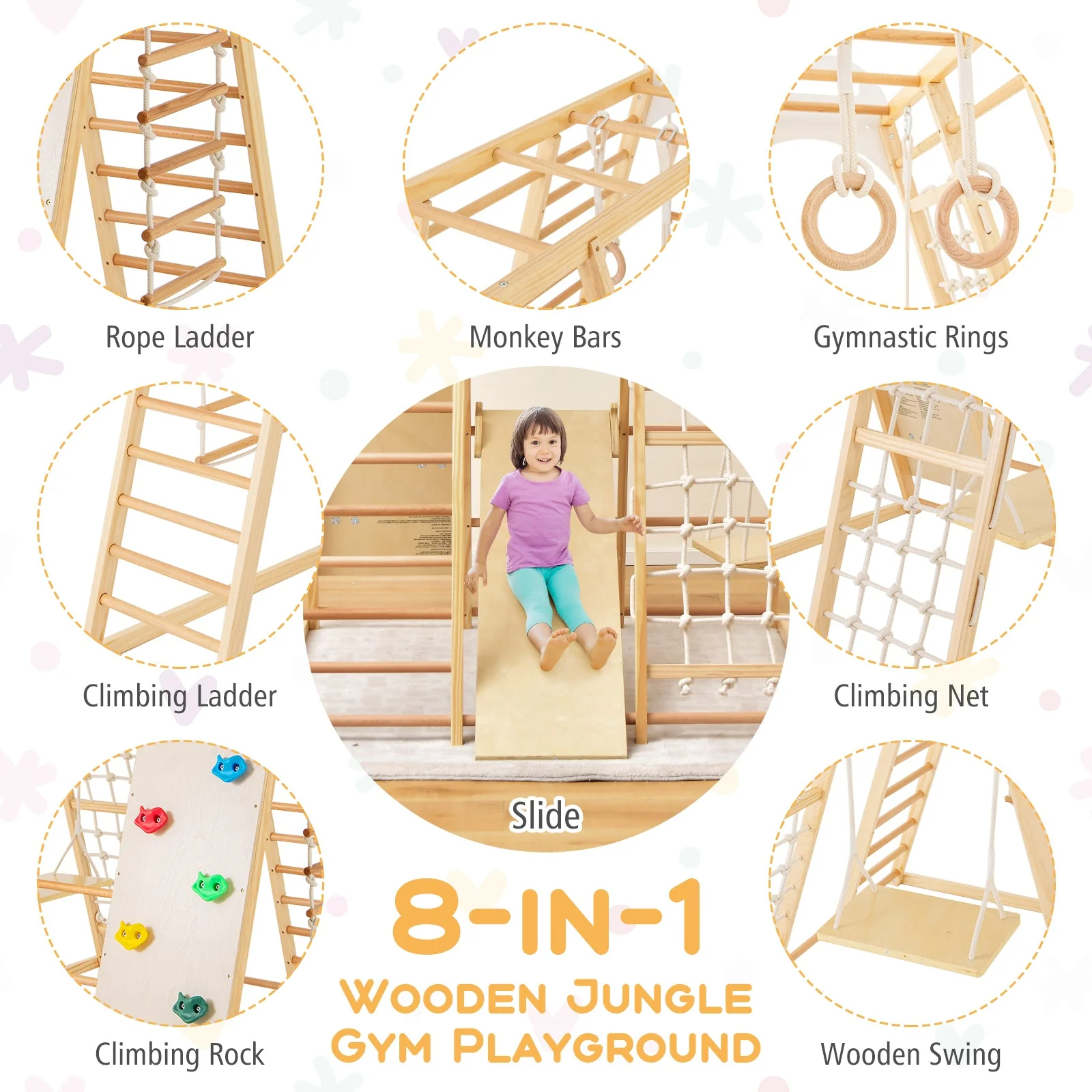 8-in-1 Wooden Jungle Gym Playset with Slide and Monkey Bars-Natural - Image 6