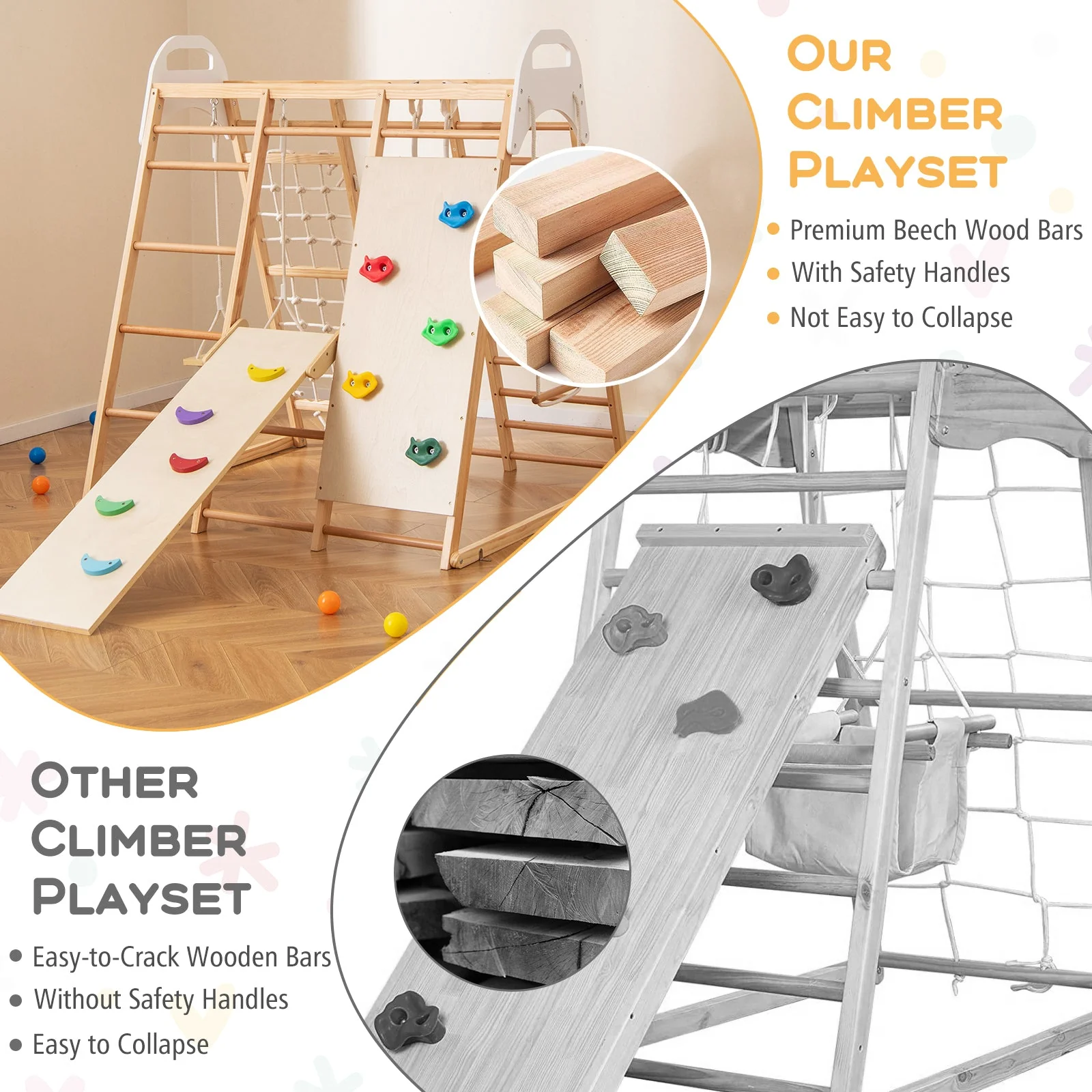 8-in-1 Wooden Jungle Gym Playset with Slide and Monkey Bars-Natural - Image 7