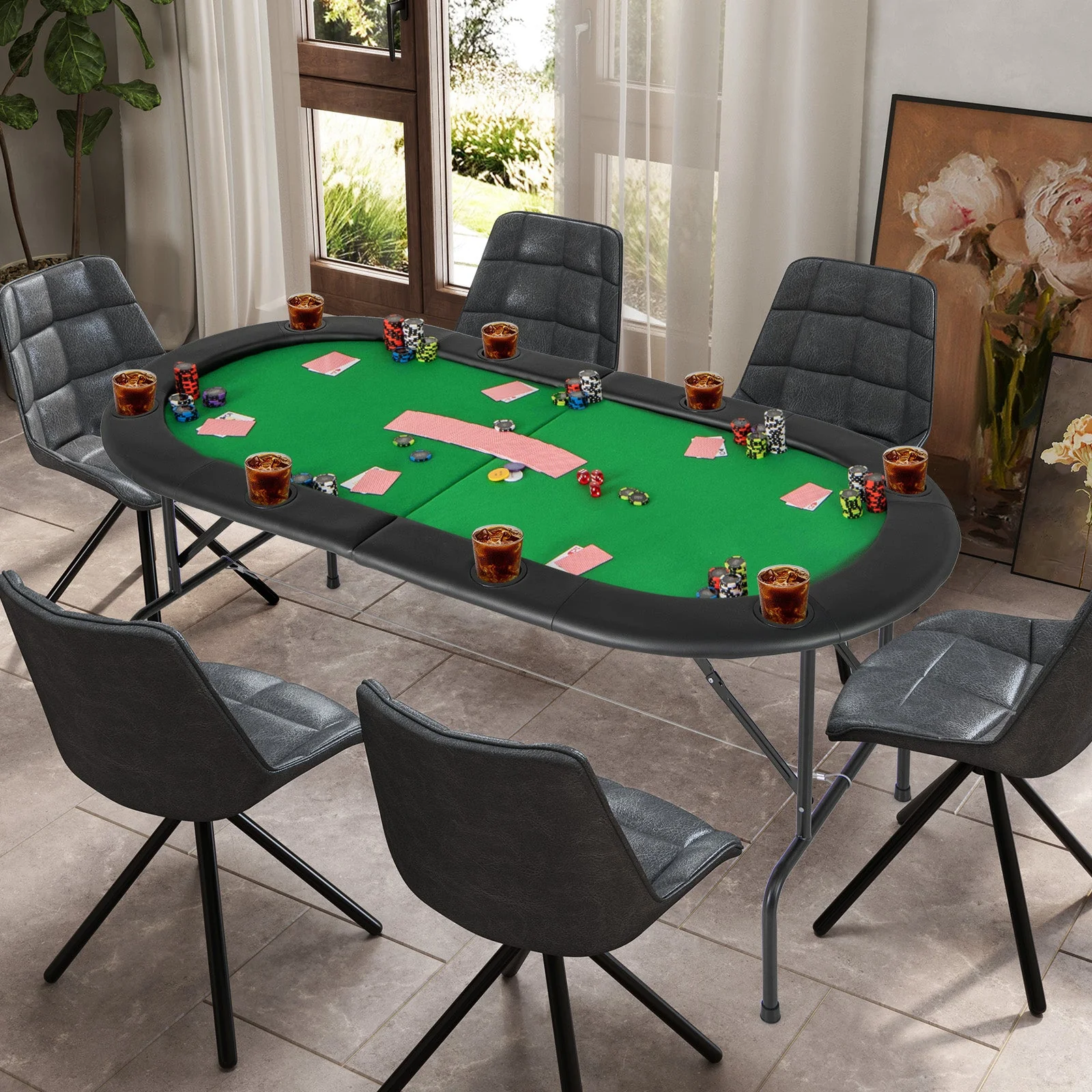 8 Players Texas Holdem Foldable Poker Table-Green - Image 2