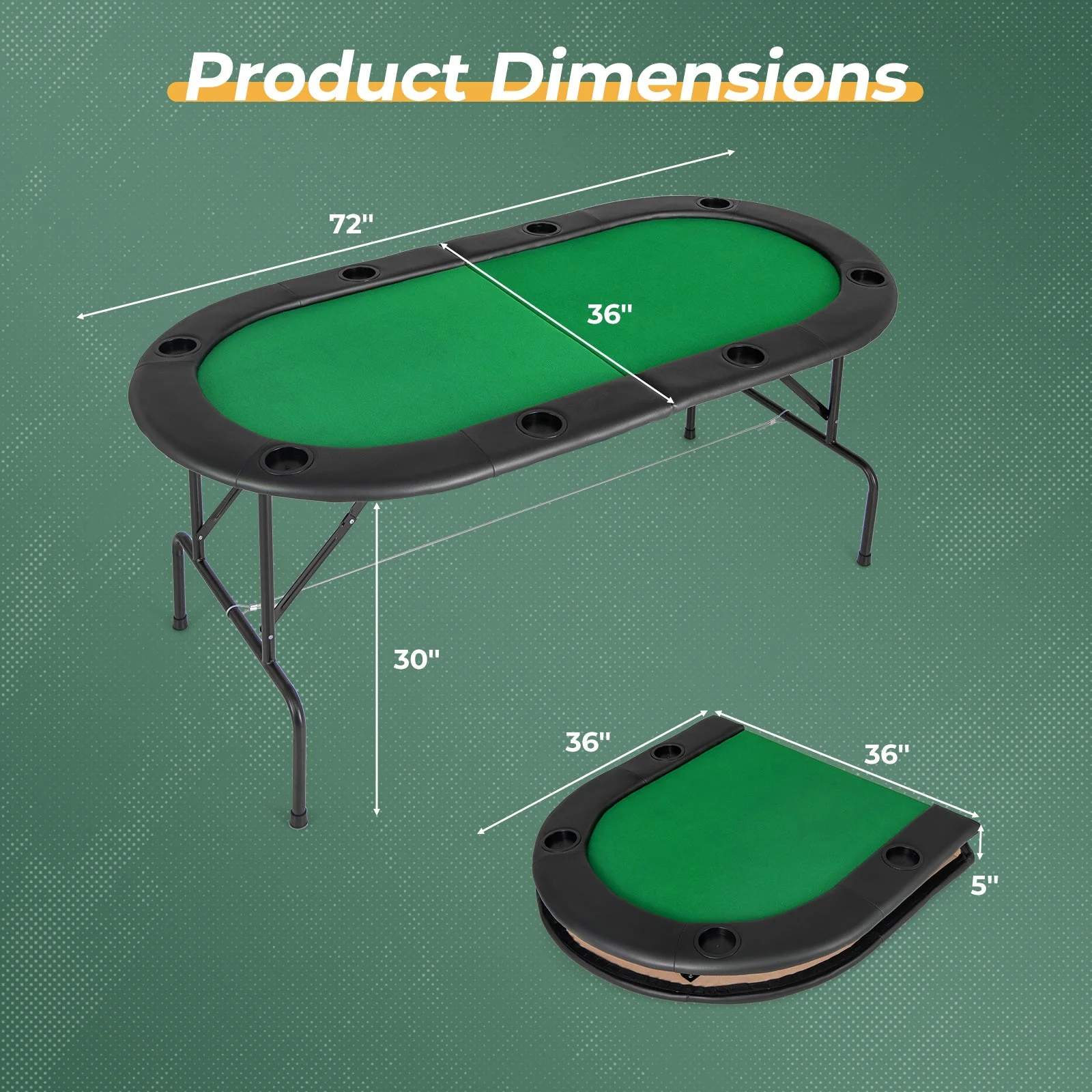 8 Players Texas Holdem Foldable Poker Table-Green - Image 5