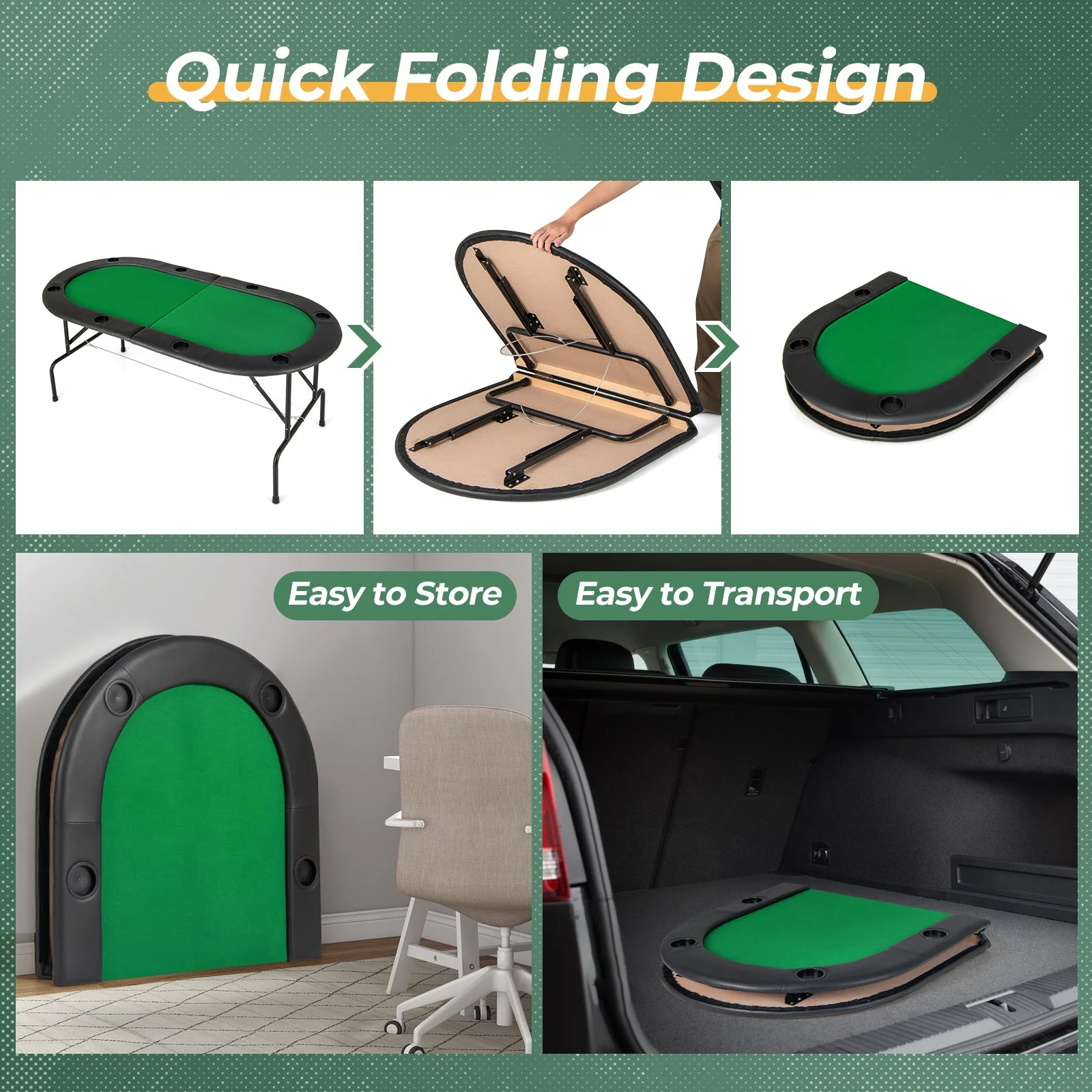 8 Players Texas Holdem Foldable Poker Table-Green - Image 7