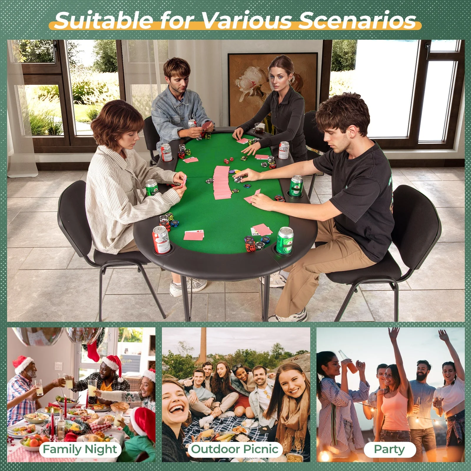 8 Players Texas Holdem Foldable Poker Table-Green - Image 8