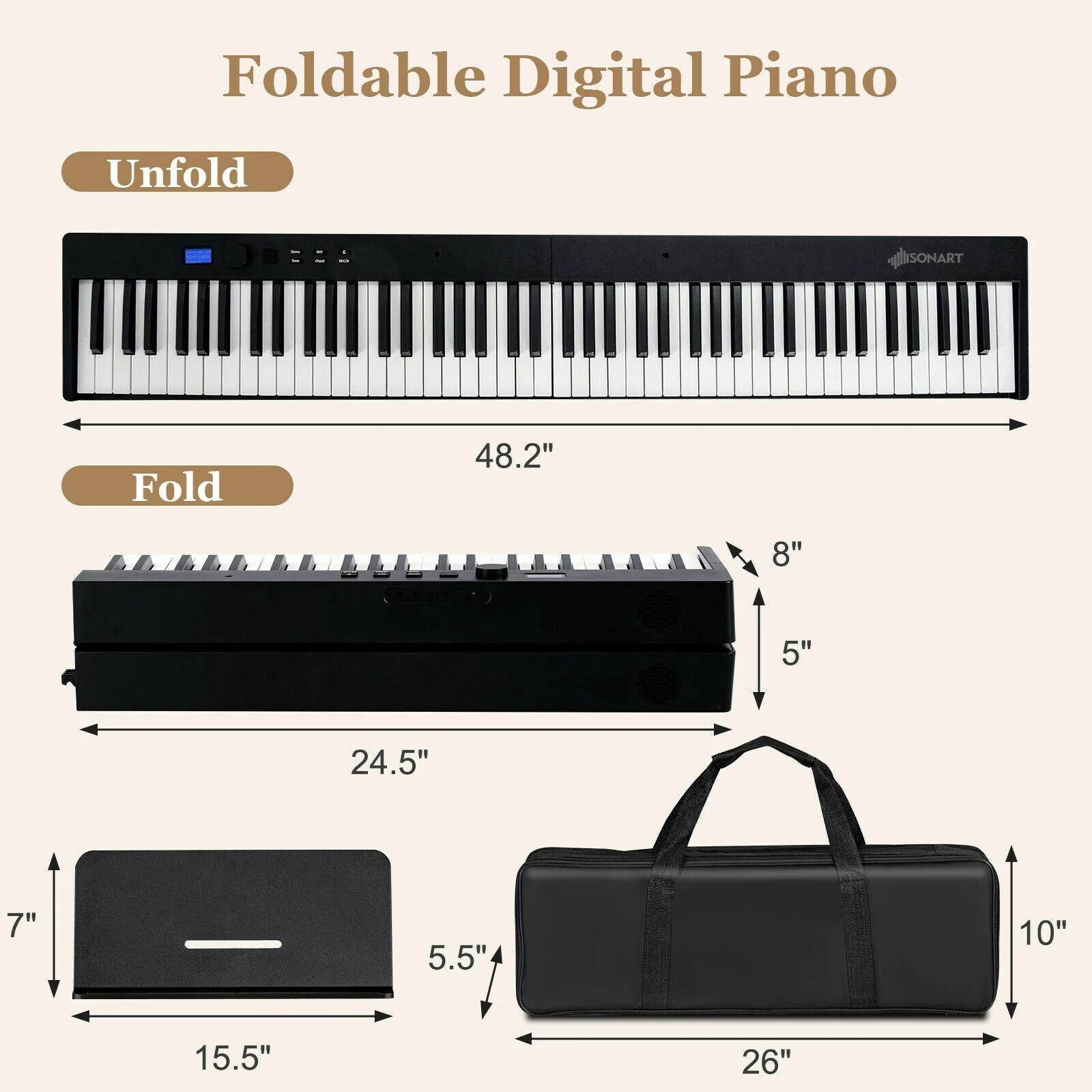 88-Key Foldable Digital Piano with MIDI and Wireless BT-Black - Image 3