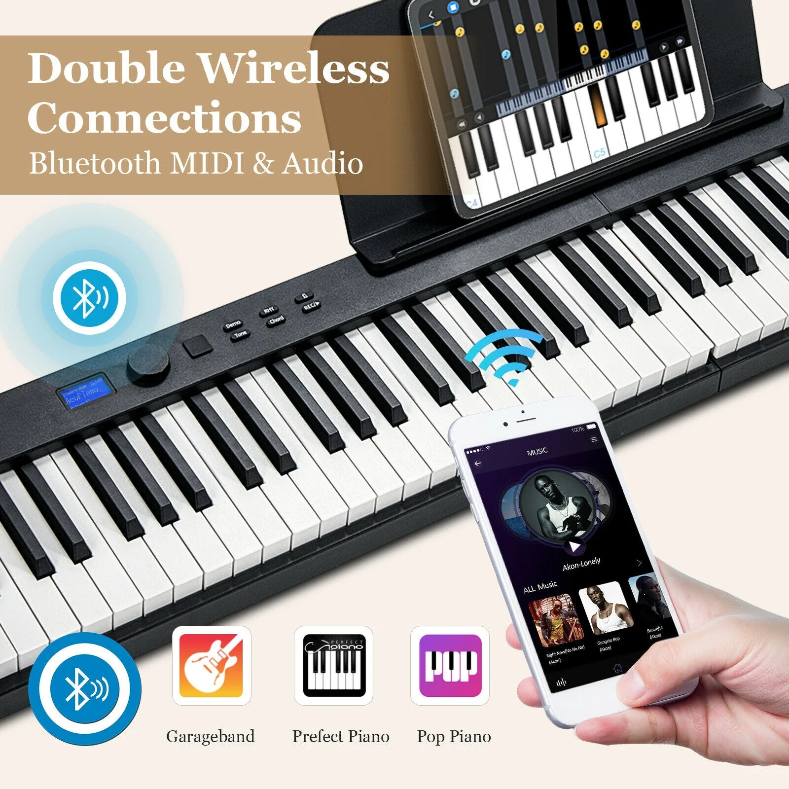88-Key Foldable Digital Piano with MIDI and Wireless BT-Black - Image 5