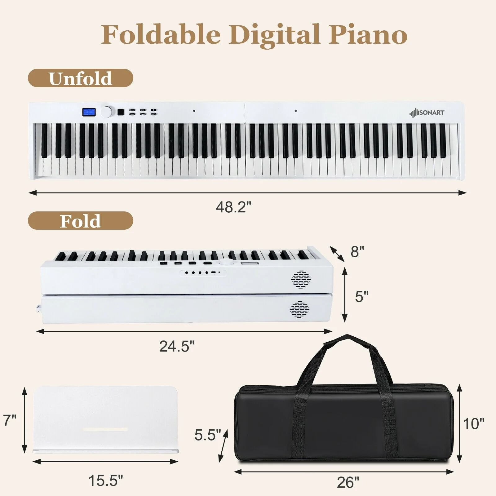88-Key Foldable Digital Piano with MIDI and Wireless BT-White - Image 3