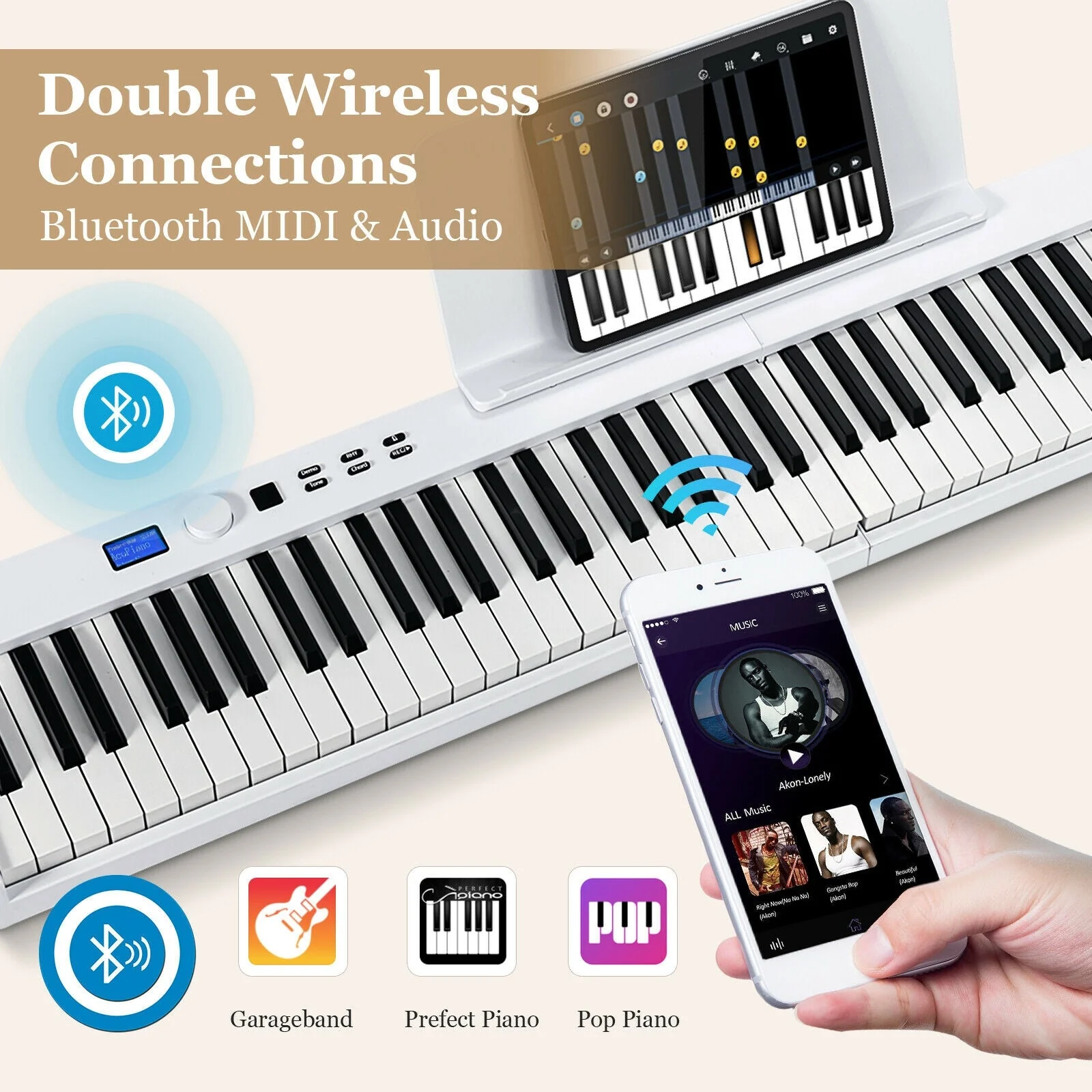 88-Key Foldable Digital Piano with MIDI and Wireless BT-White - Image 5