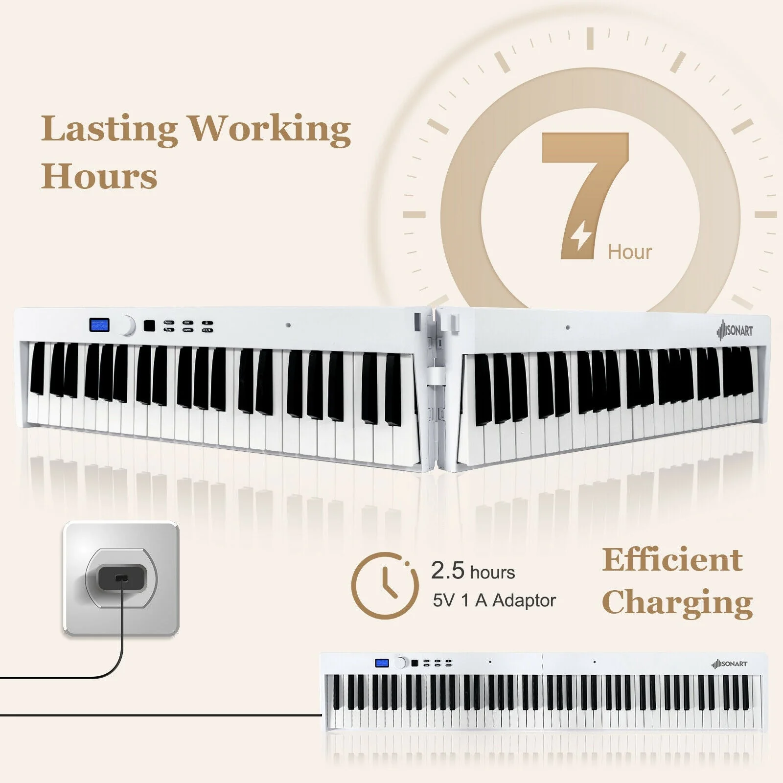 88-Key Foldable Digital Piano with MIDI and Wireless BT-White - Image 8