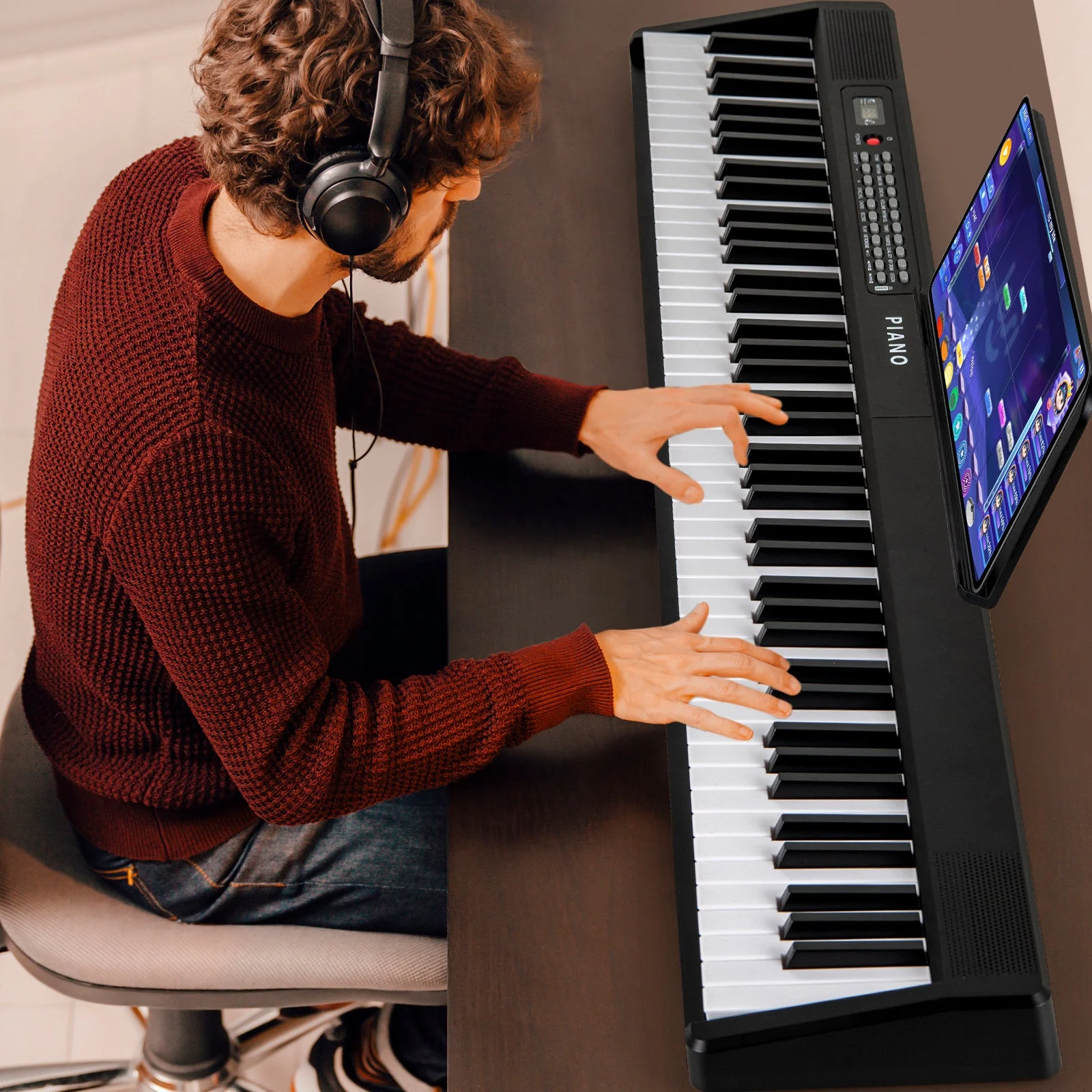 88 Key Foldable Electric Keyboard Piano with Wireless MIDI and Dual Speakers-Black - Image 2