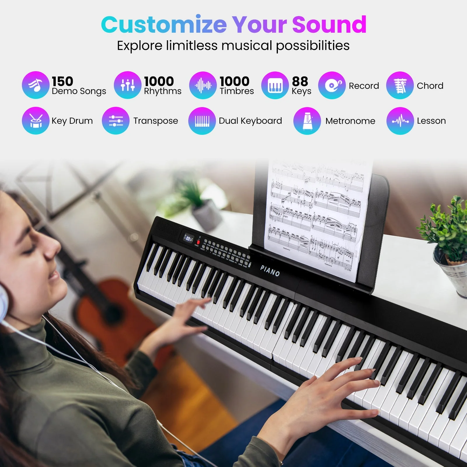 88 Key Foldable Electric Keyboard Piano with Wireless MIDI and Dual Speakers-Black - Image 6