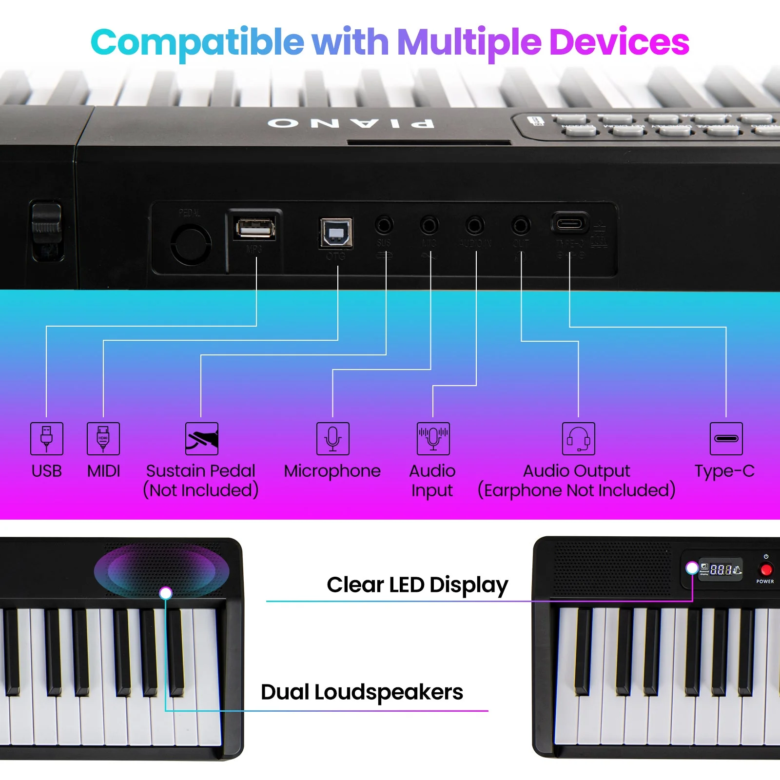 88 Key Foldable Electric Keyboard Piano with Wireless MIDI and Dual Speakers-Black - Image 8
