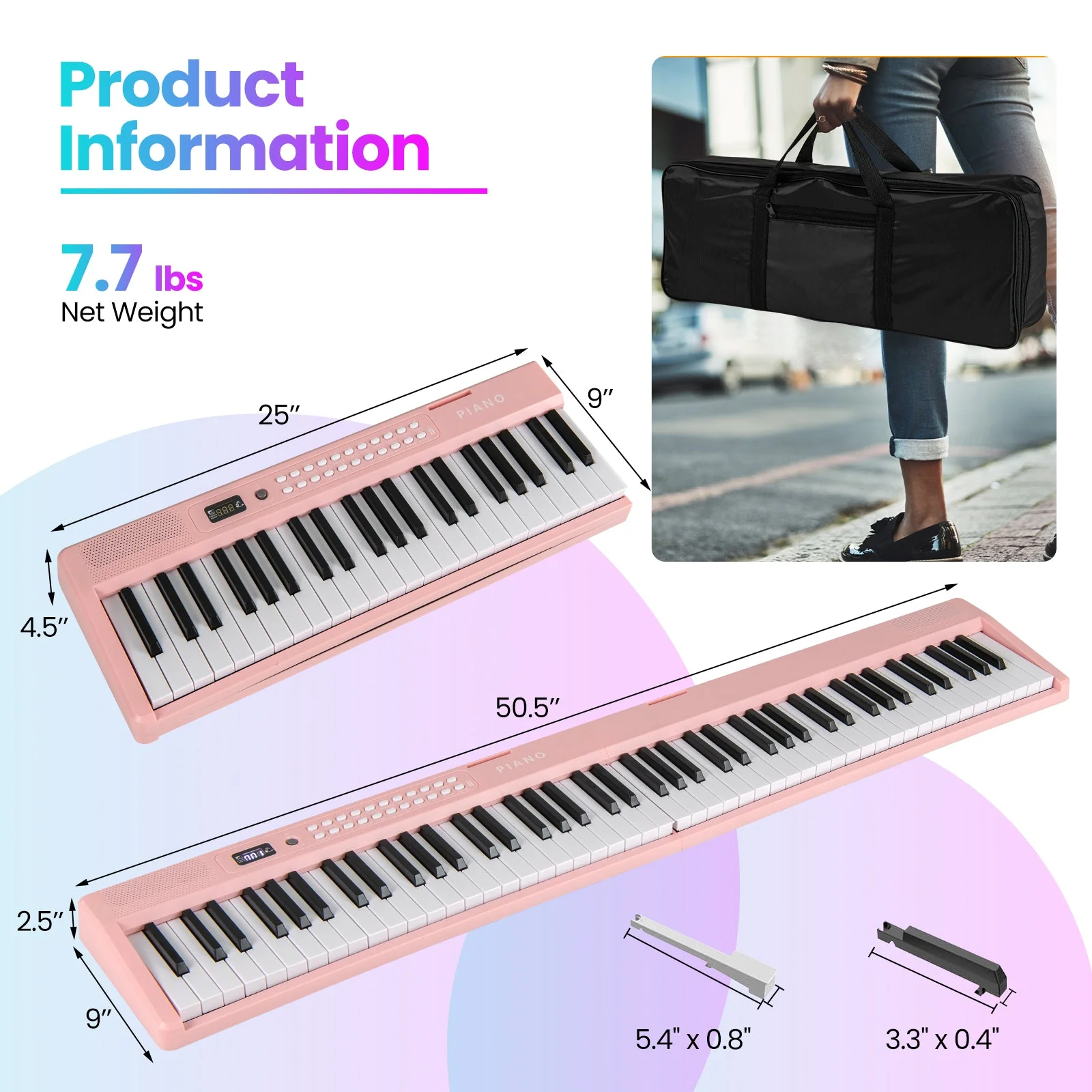 88 Key Foldable Electric Keyboard Piano with Wireless MIDI and Dual Speakers-Pink - Image 4