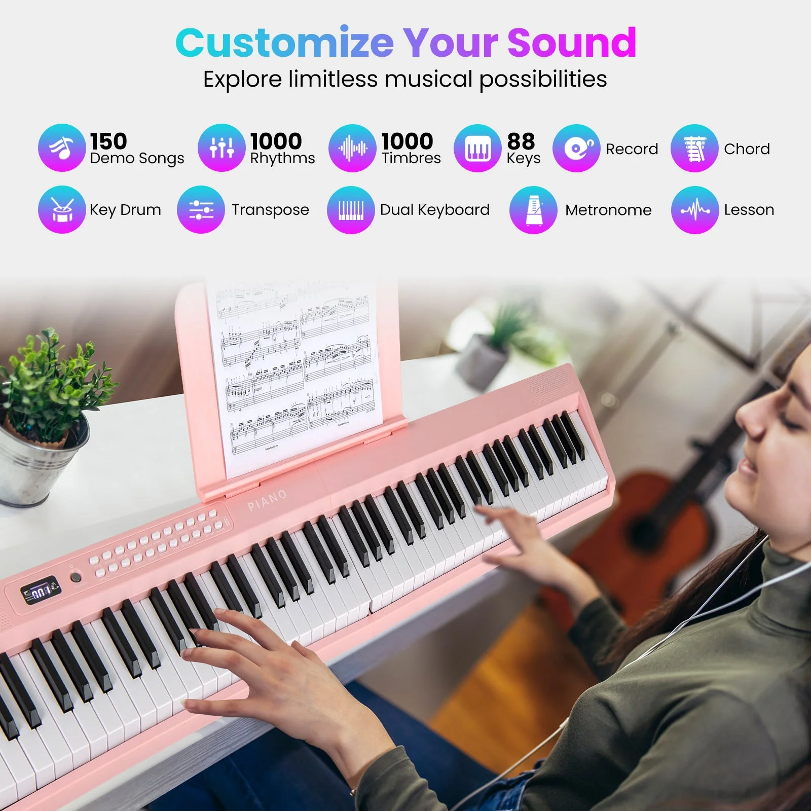 88 Key Foldable Electric Keyboard Piano with Wireless MIDI and Dual Speakers-Pink - Image 6