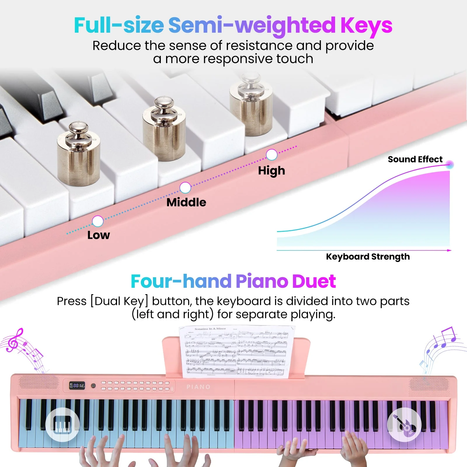 88 Key Foldable Electric Keyboard Piano with Wireless MIDI and Dual Speakers-Pink - Image 7