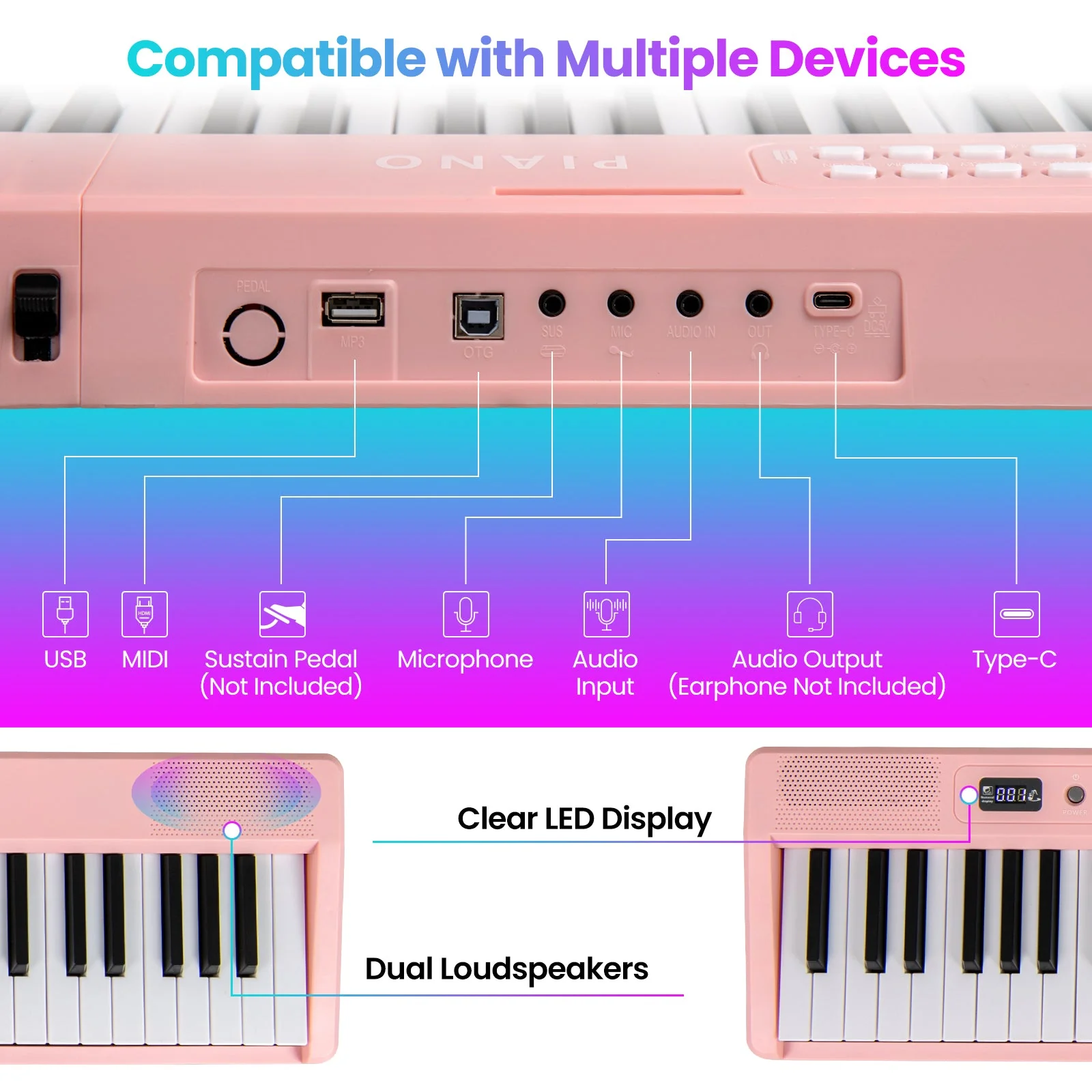 88 Key Foldable Electric Keyboard Piano with Wireless MIDI and Dual Speakers-Pink - Image 8