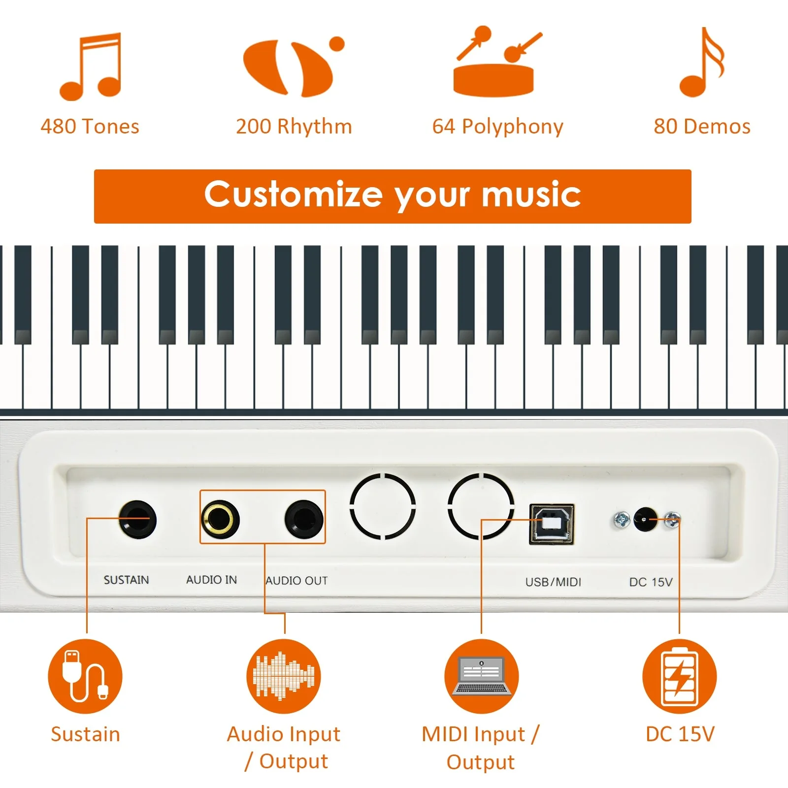 88-Key Full Size Digital Piano Weighted Keyboard with Sustain Pedal-White - Image 7