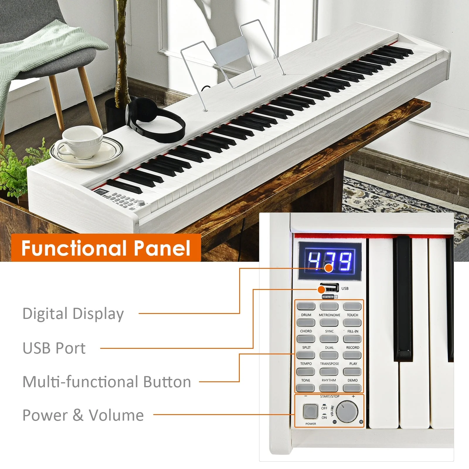 88-Key Full Size Digital Piano Weighted Keyboard with Sustain Pedal-White - Image 8