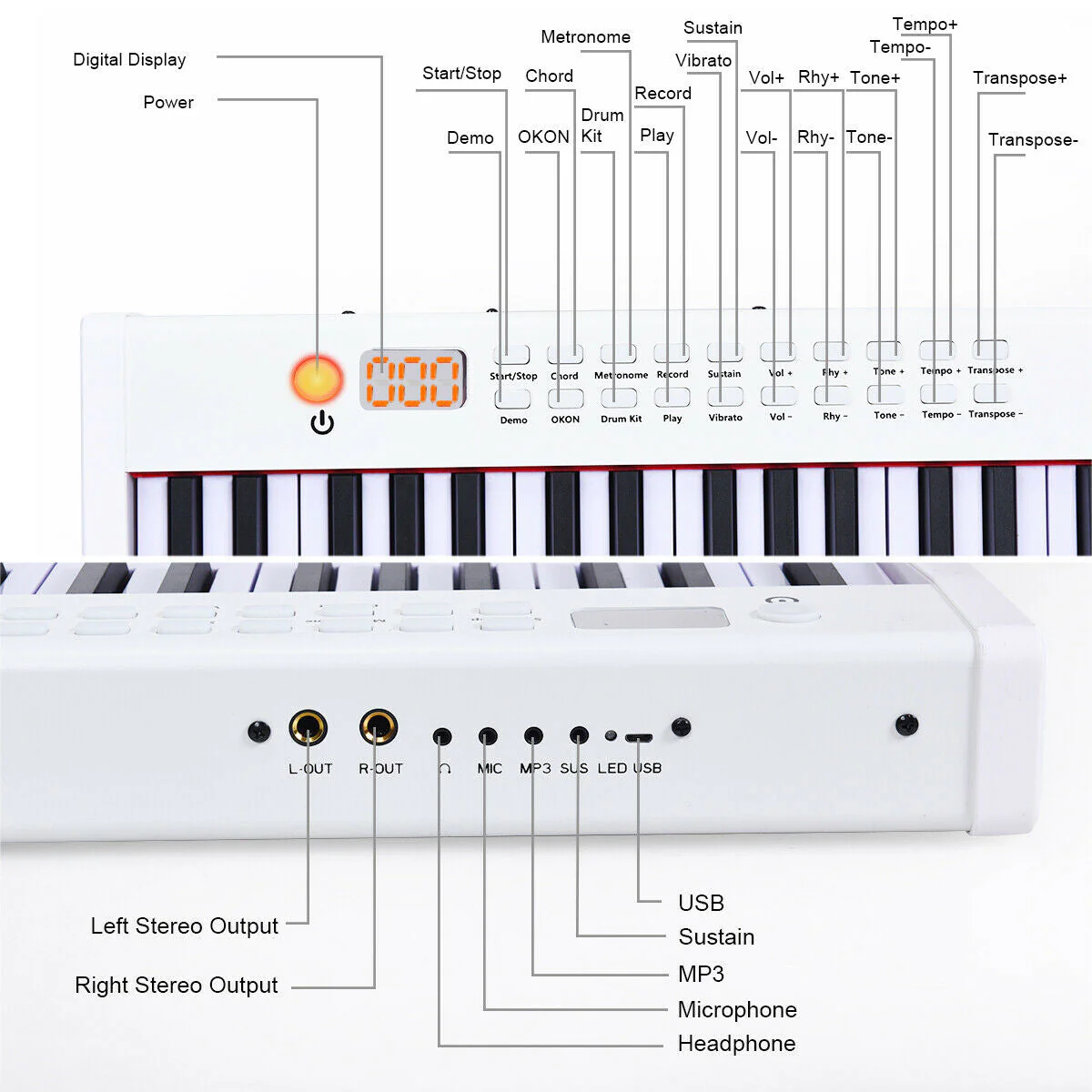 88-Key Portable Full-Size Semi-weighted Digital Piano Keyboard-White - Image 2