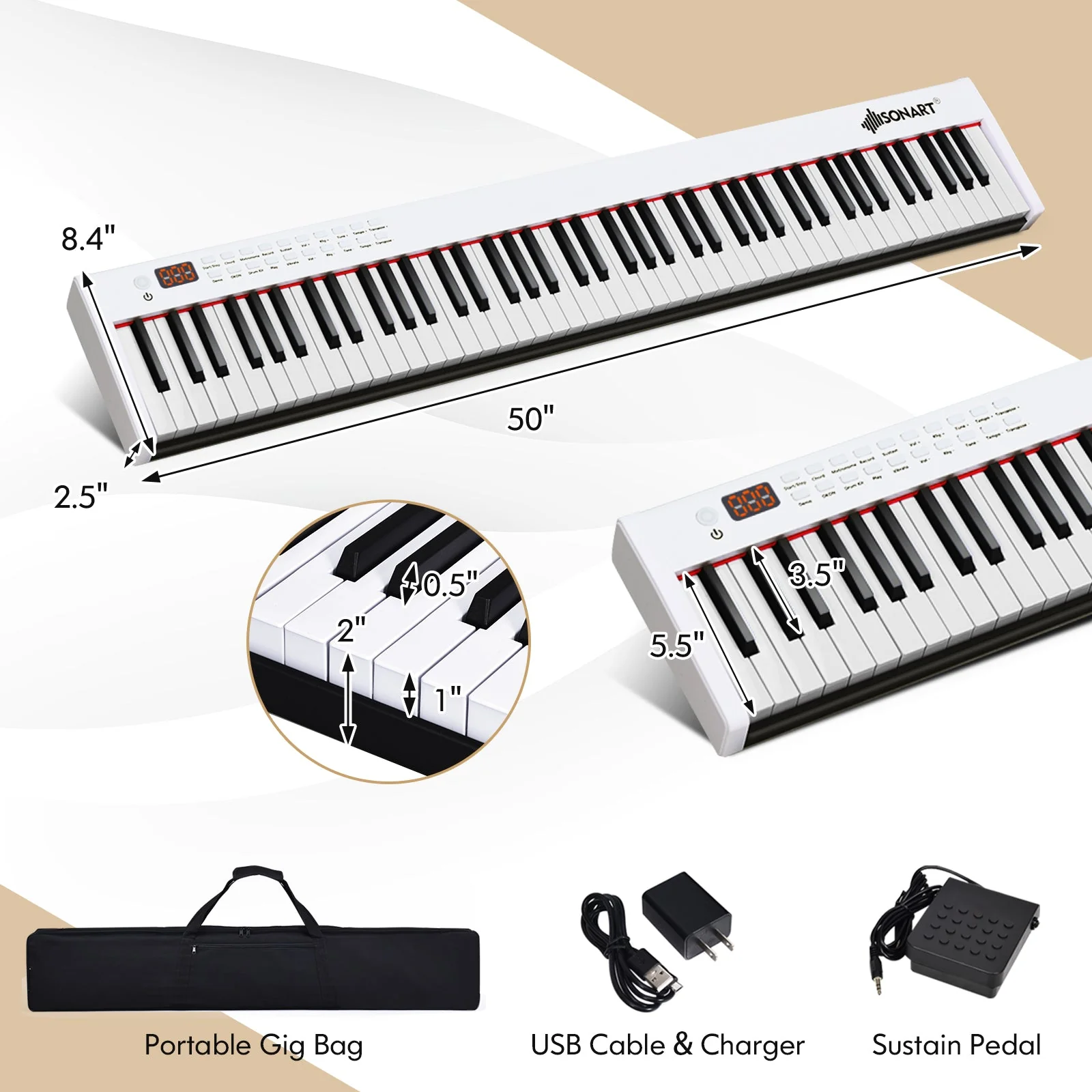 88-Key Portable Full-Size Semi-weighted Digital Piano Keyboard-White - Image 5