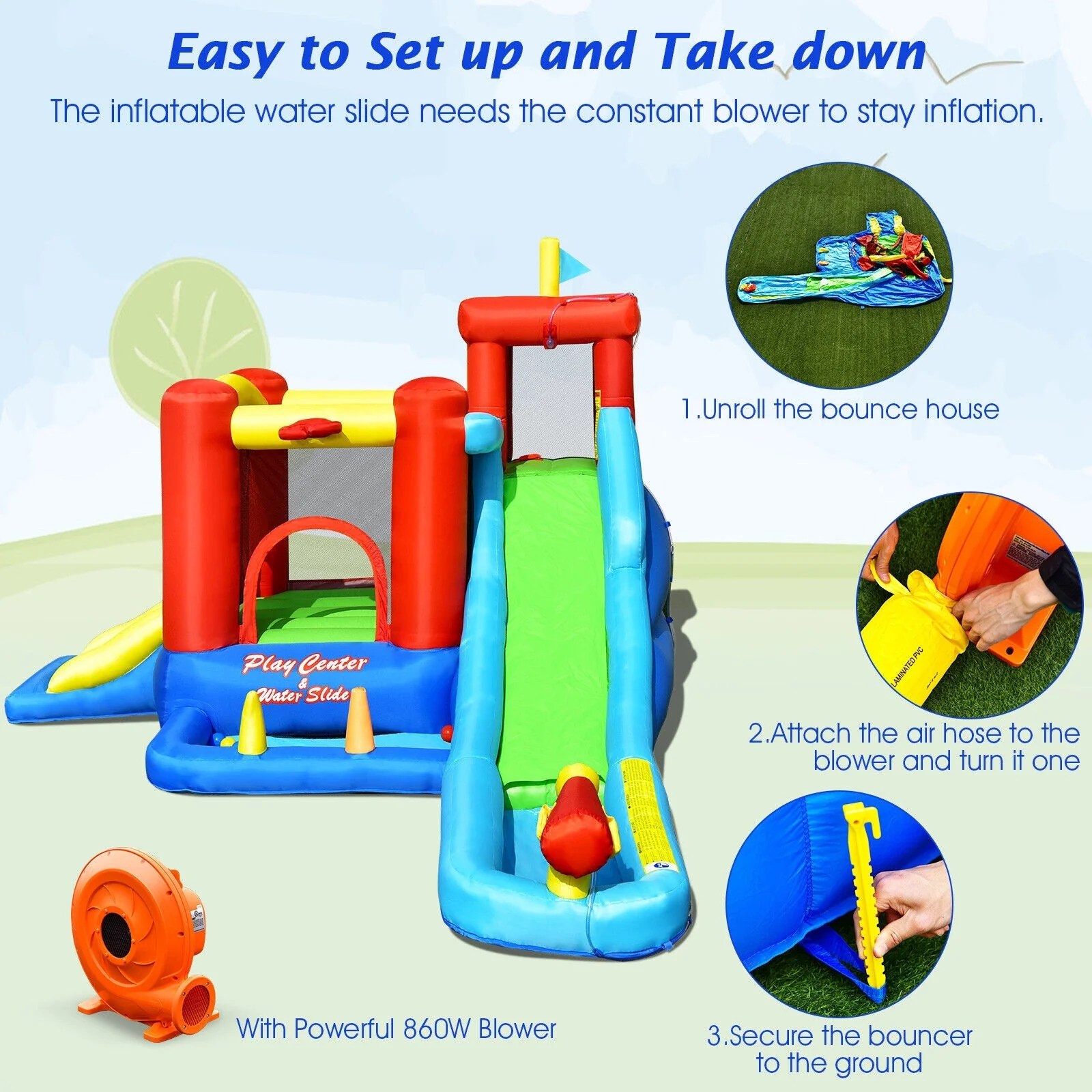 9-in-1 Inflatable Kids Water Slide Bounce House with 860W Blower - Image 8
