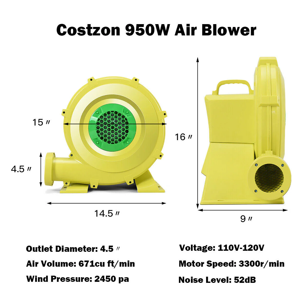 950 W 1.25 HP Air Blower Pump Fan for Inflatable Bounce House - Image 3