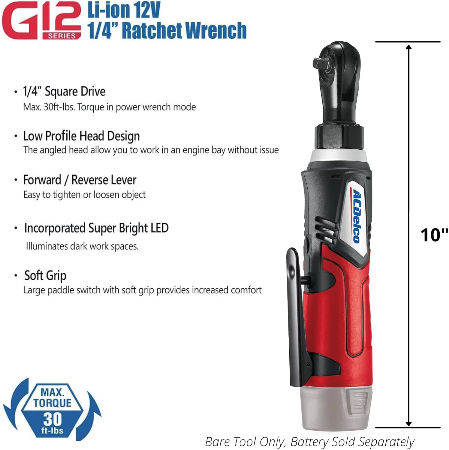 ACDelco ARW1209-K9 G12 Series 12V Lithium-Ion Battery And Charger Cordless 1/4” & 3/8” Ratchet Wrench Combo Tool Kit with Canvas Bag - Image 3