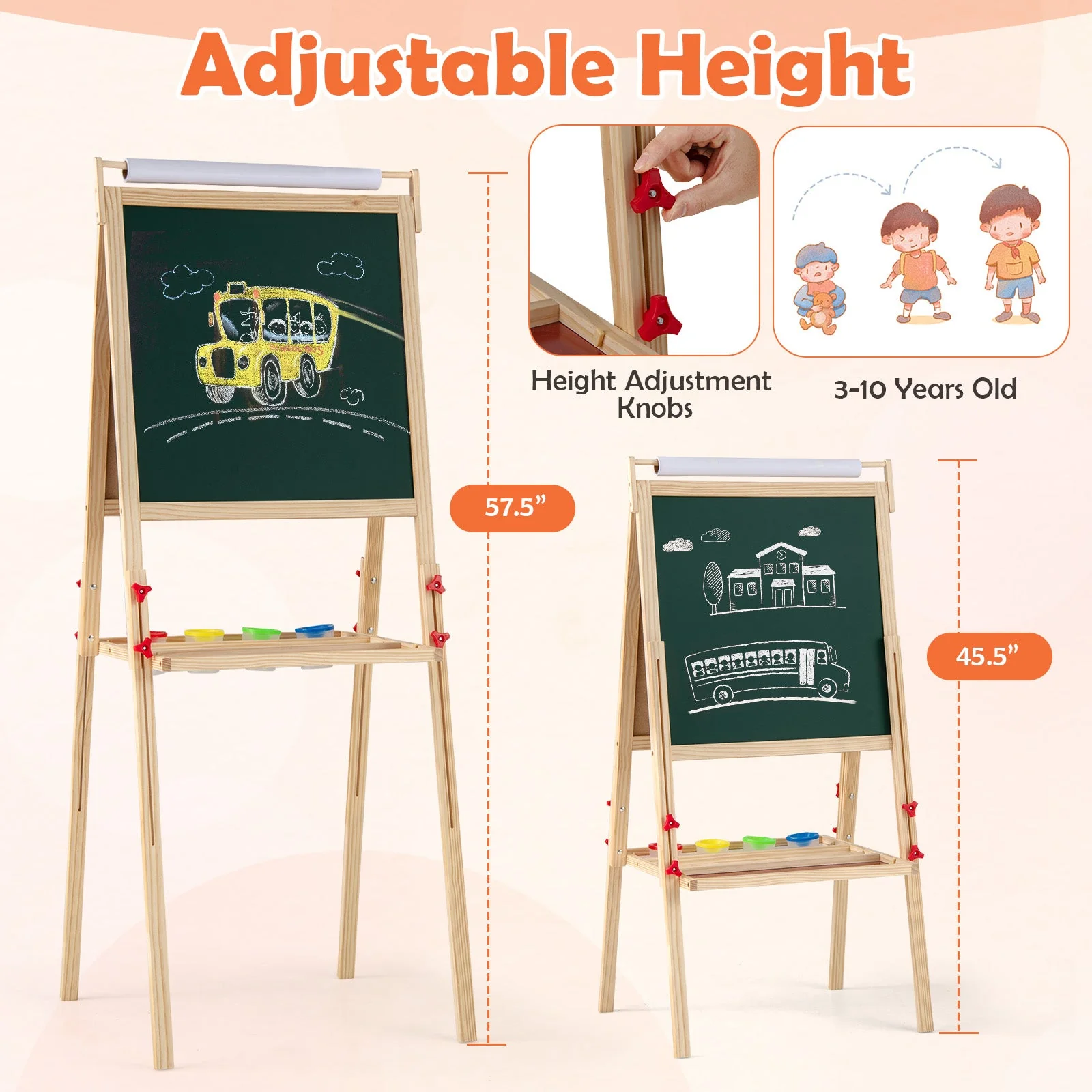 Adjustable Double-sided Easel with 4 Paint Cups-Natutral - Image 4